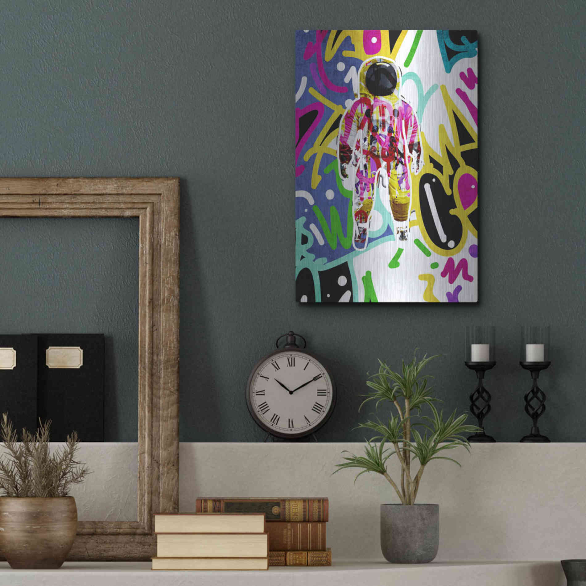 Luxe Metal Art 'Colorful Astronaut Graffiti Art 6 ' by Irena Orlov Metal Wall Art,12x16