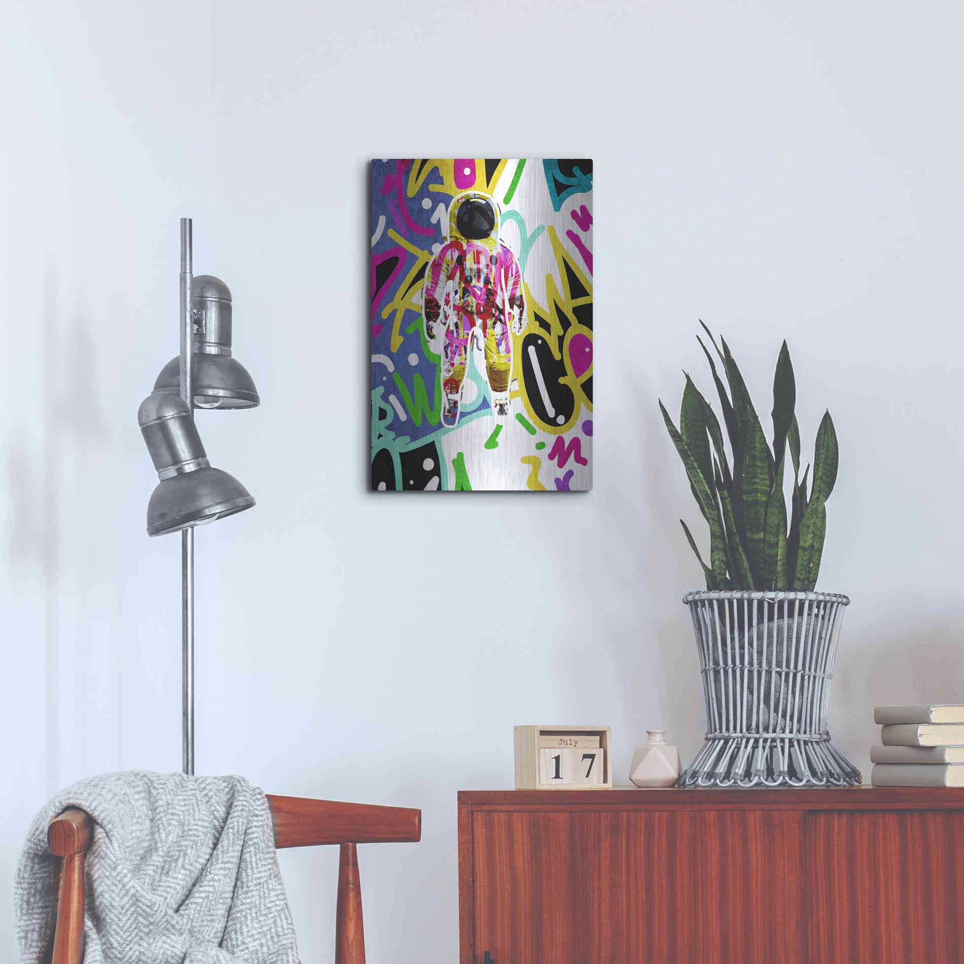 Luxe Metal Art 'Colorful Astronaut Graffiti Art 6 ' by Irena Orlov Metal Wall Art,16x24