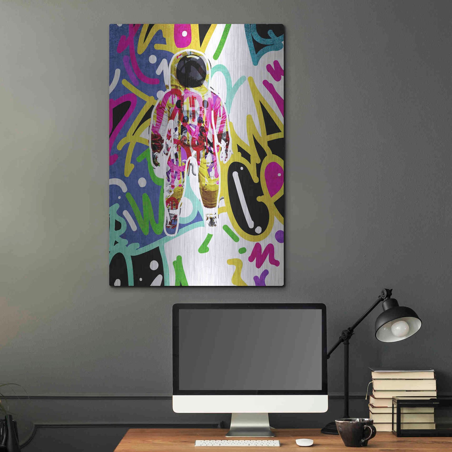 Luxe Metal Art 'Colorful Astronaut Graffiti Art 6 ' by Irena Orlov Metal Wall Art,24x36