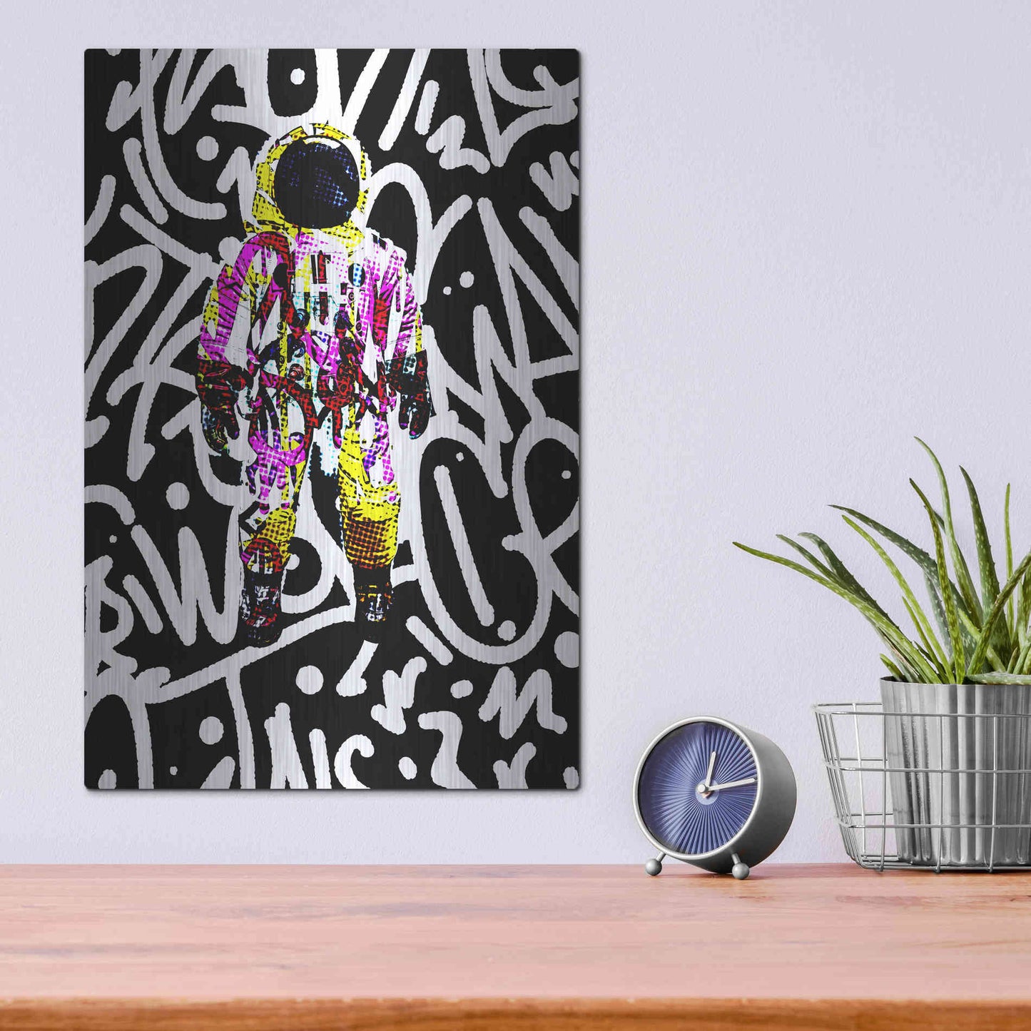 Luxe Metal Art 'Colorful Astronaut Graffiti Art 1' by Irena Orlov Metal Wall Art,12x16