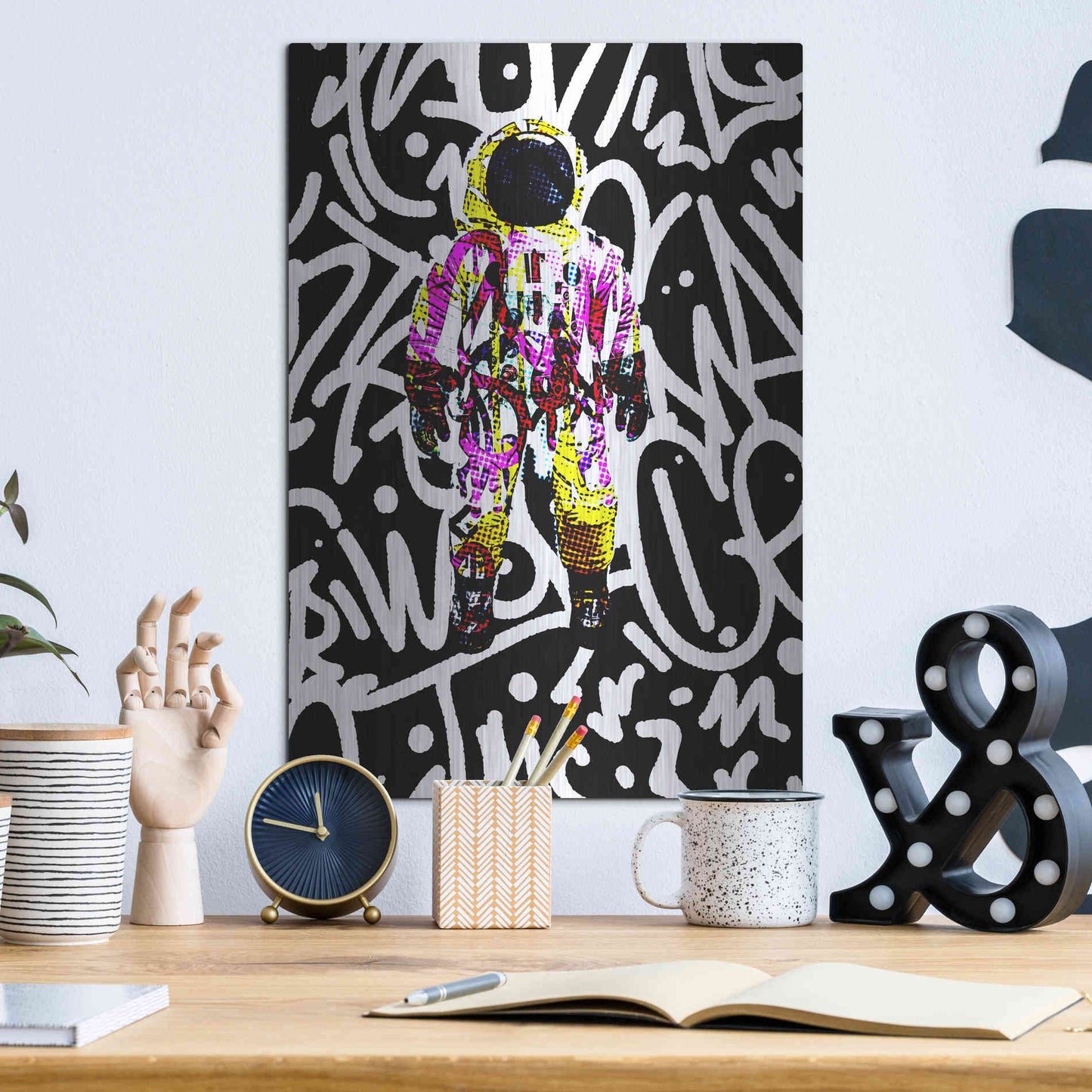 Luxe Metal Art 'Colorful Astronaut Graffiti Art 1' by Irena Orlov Metal Wall Art,12x16