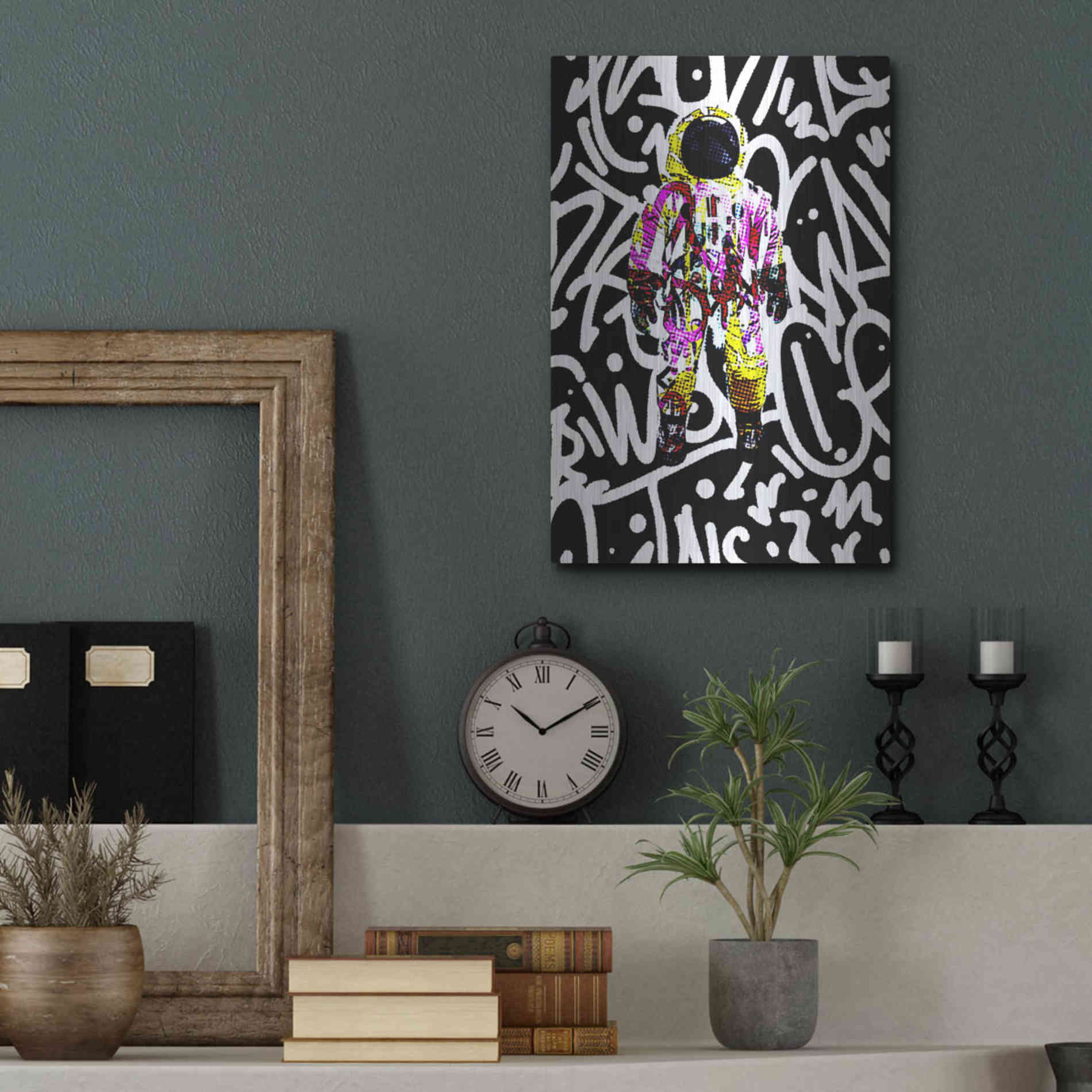 Luxe Metal Art 'Colorful Astronaut Graffiti Art 1' by Irena Orlov Metal Wall Art,12x16