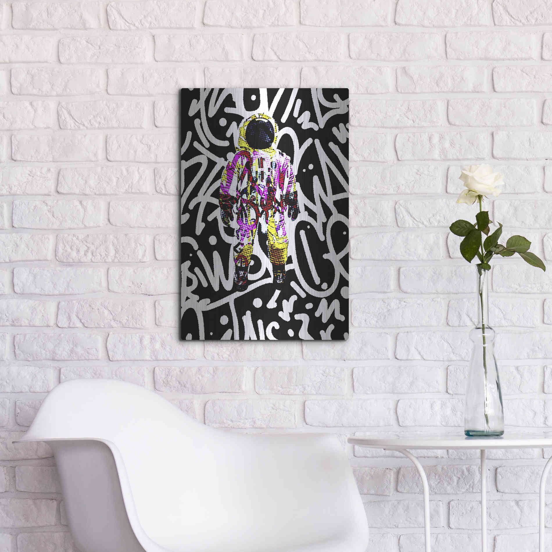 Luxe Metal Art 'Colorful Astronaut Graffiti Art 1' by Irena Orlov Metal Wall Art,16x24