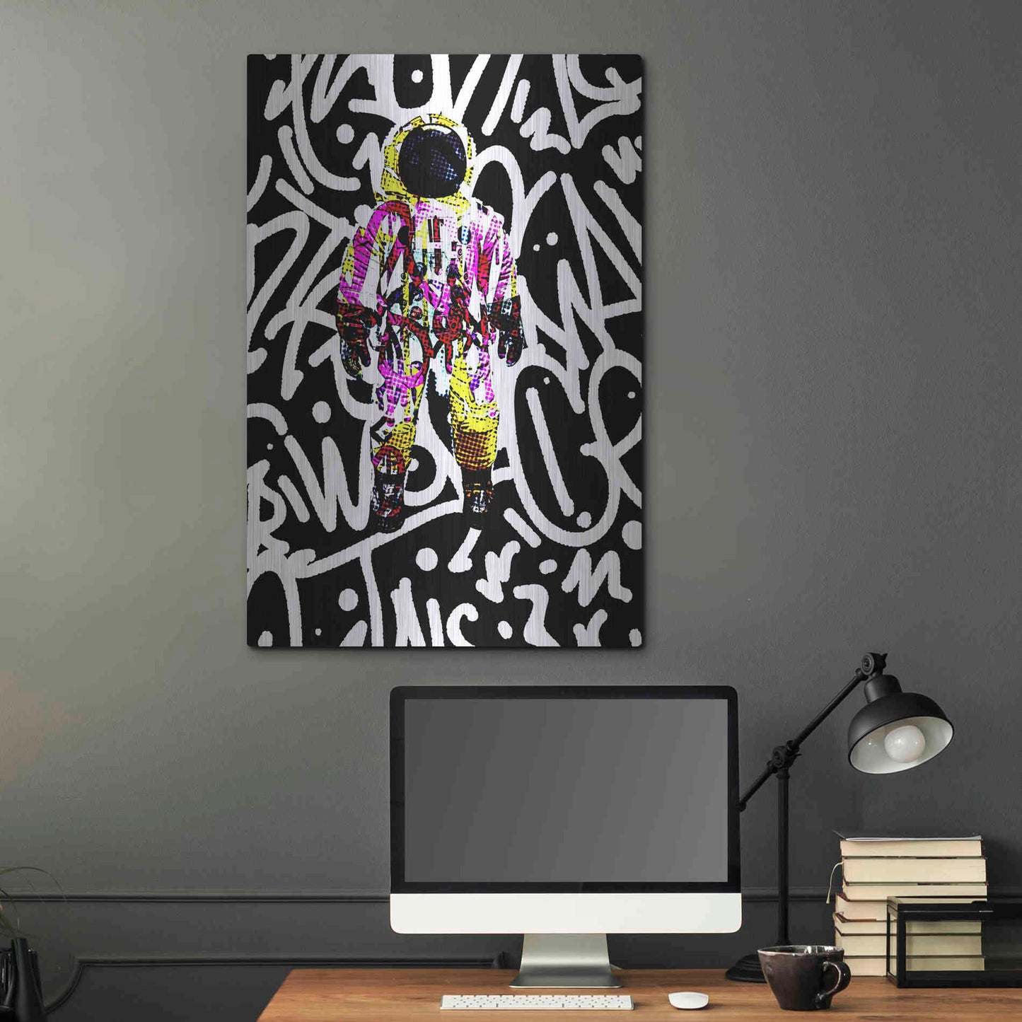 Luxe Metal Art 'Colorful Astronaut Graffiti Art 1' by Irena Orlov Metal Wall Art,24x36