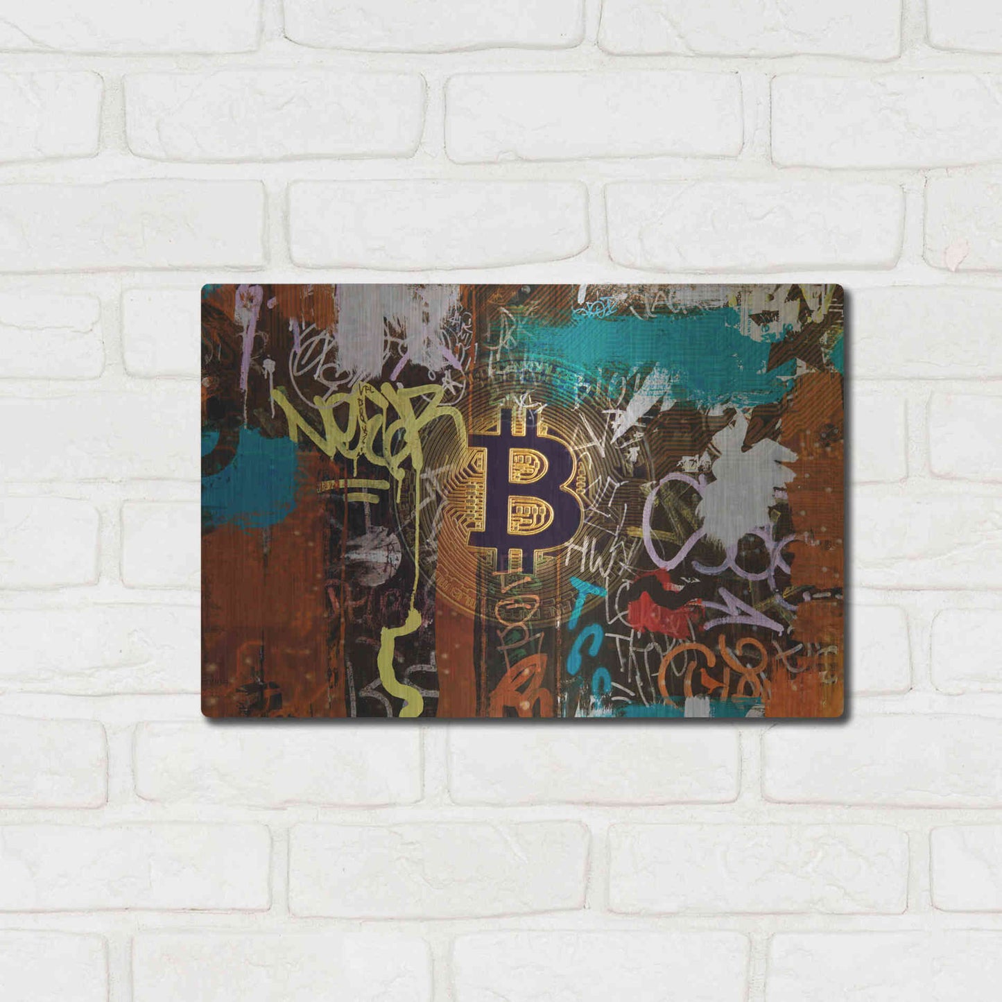 Luxe Metal Art 'Graffiti Bitcoin 1' by Irena Orlov Metal Wall Art,16x12