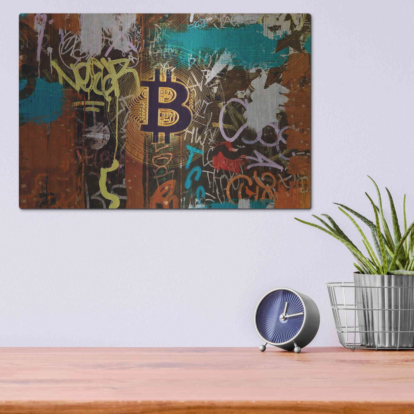 Luxe Metal Art 'Graffiti Bitcoin 1' by Irena Orlov Metal Wall Art,16x12