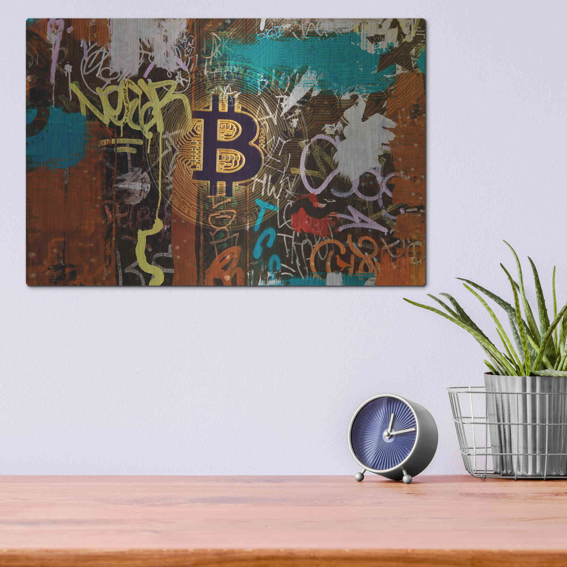 Luxe Metal Art 'Graffiti Bitcoin 1' by Irena Orlov Metal Wall Art,16x12