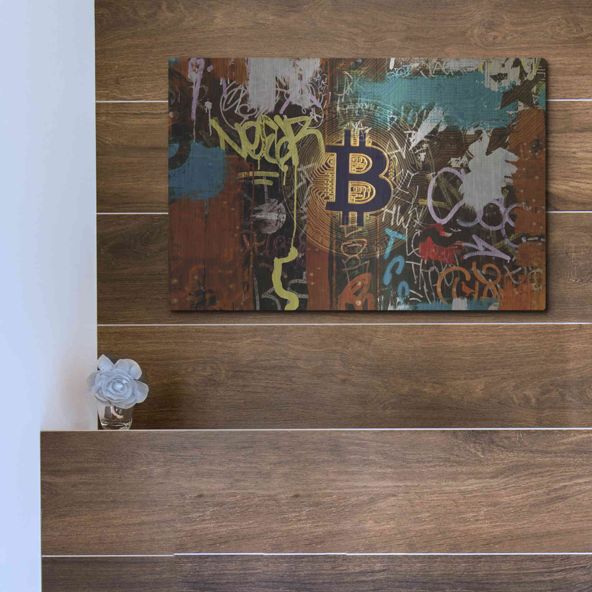 Luxe Metal Art 'Graffiti Bitcoin 1' by Irena Orlov Metal Wall Art,16x12