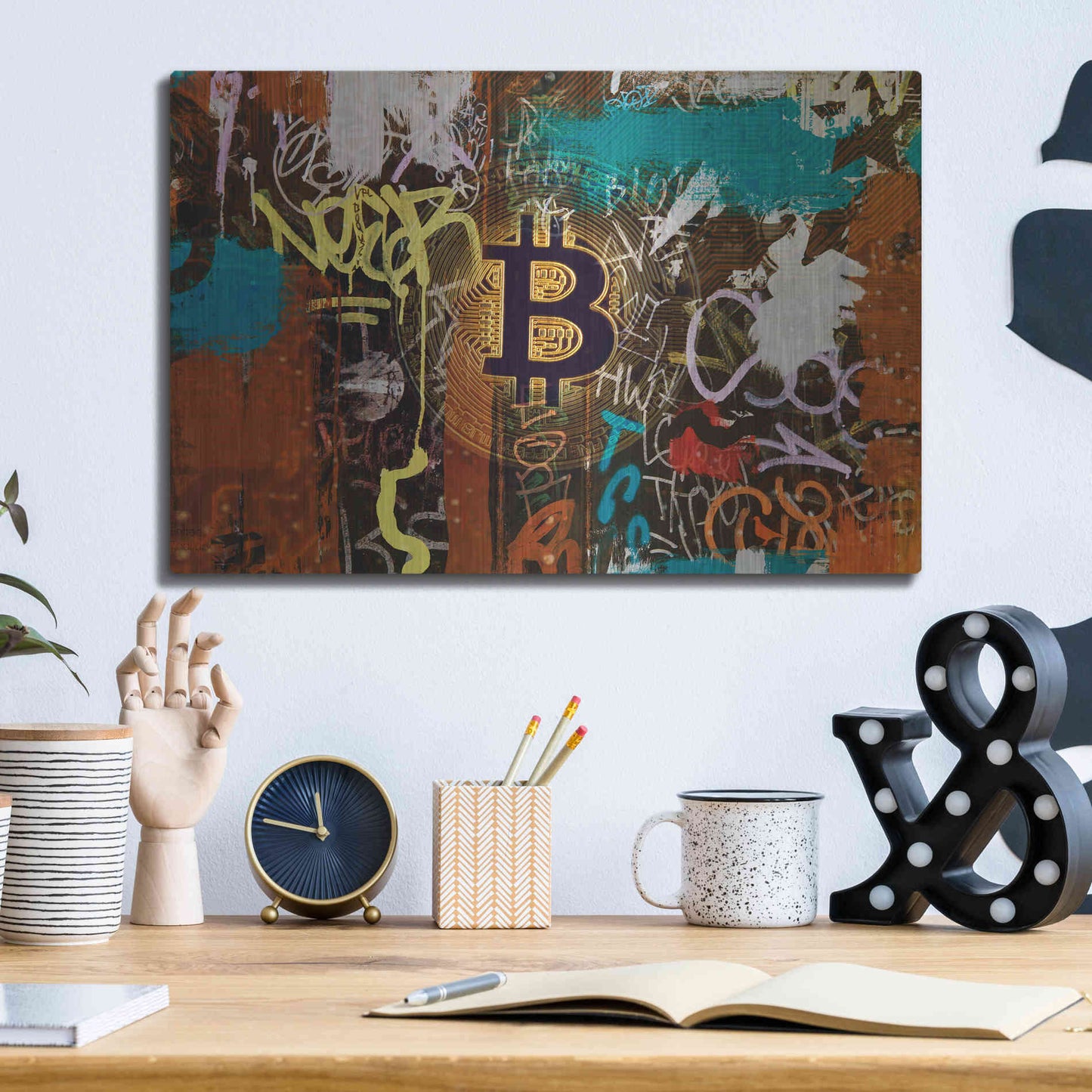 Luxe Metal Art 'Graffiti Bitcoin 1' by Irena Orlov Metal Wall Art,16x12