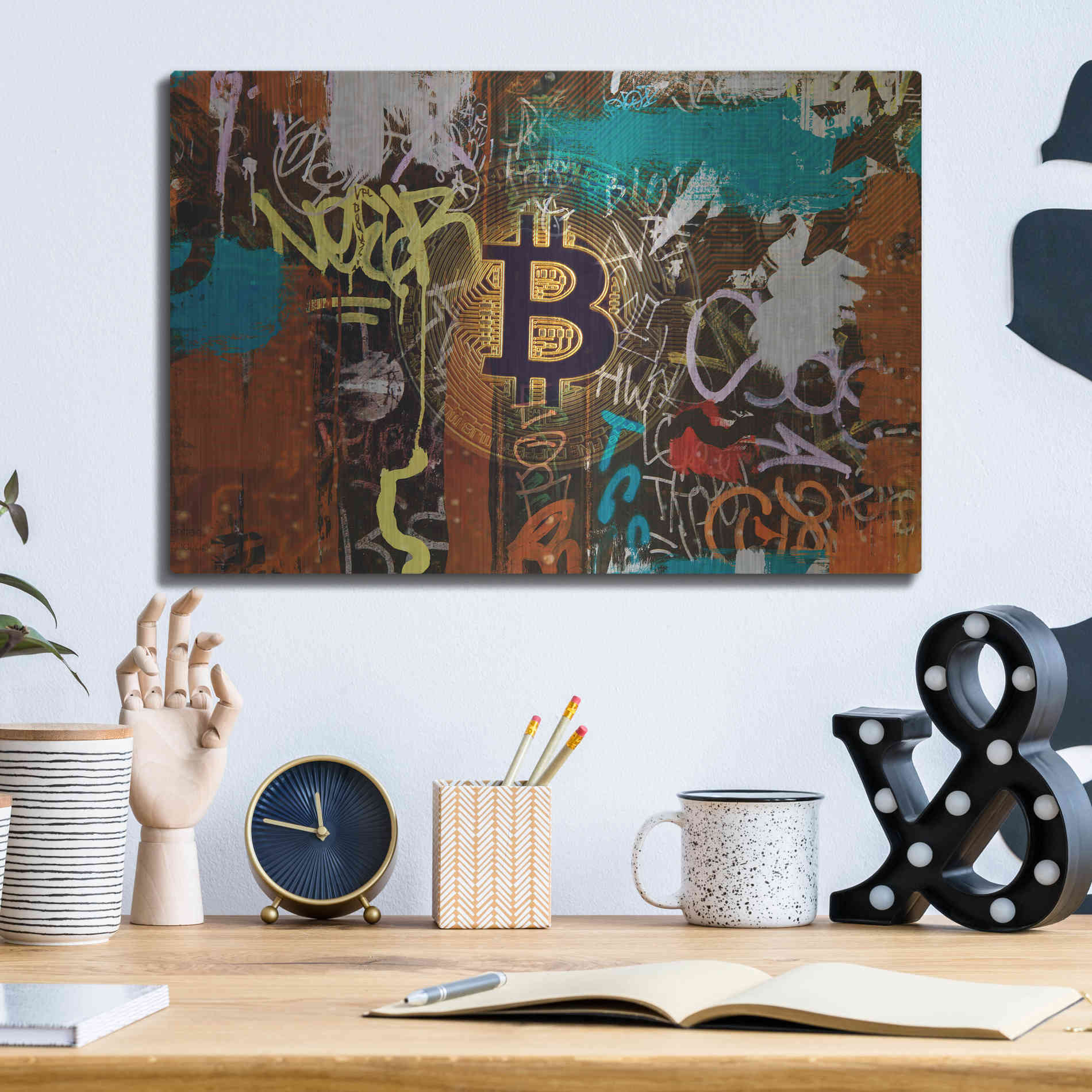 Luxe Metal Art 'Graffiti Bitcoin 1' by Irena Orlov Metal Wall Art,16x12