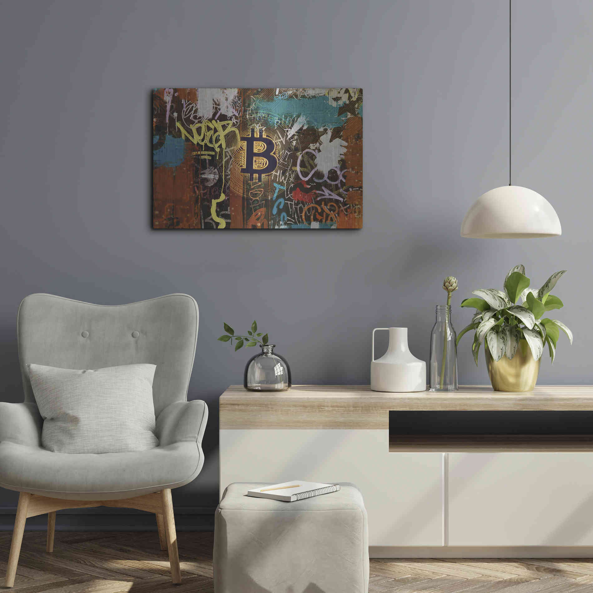 Luxe Metal Art 'Graffiti Bitcoin 1' by Irena Orlov Metal Wall Art,24x16