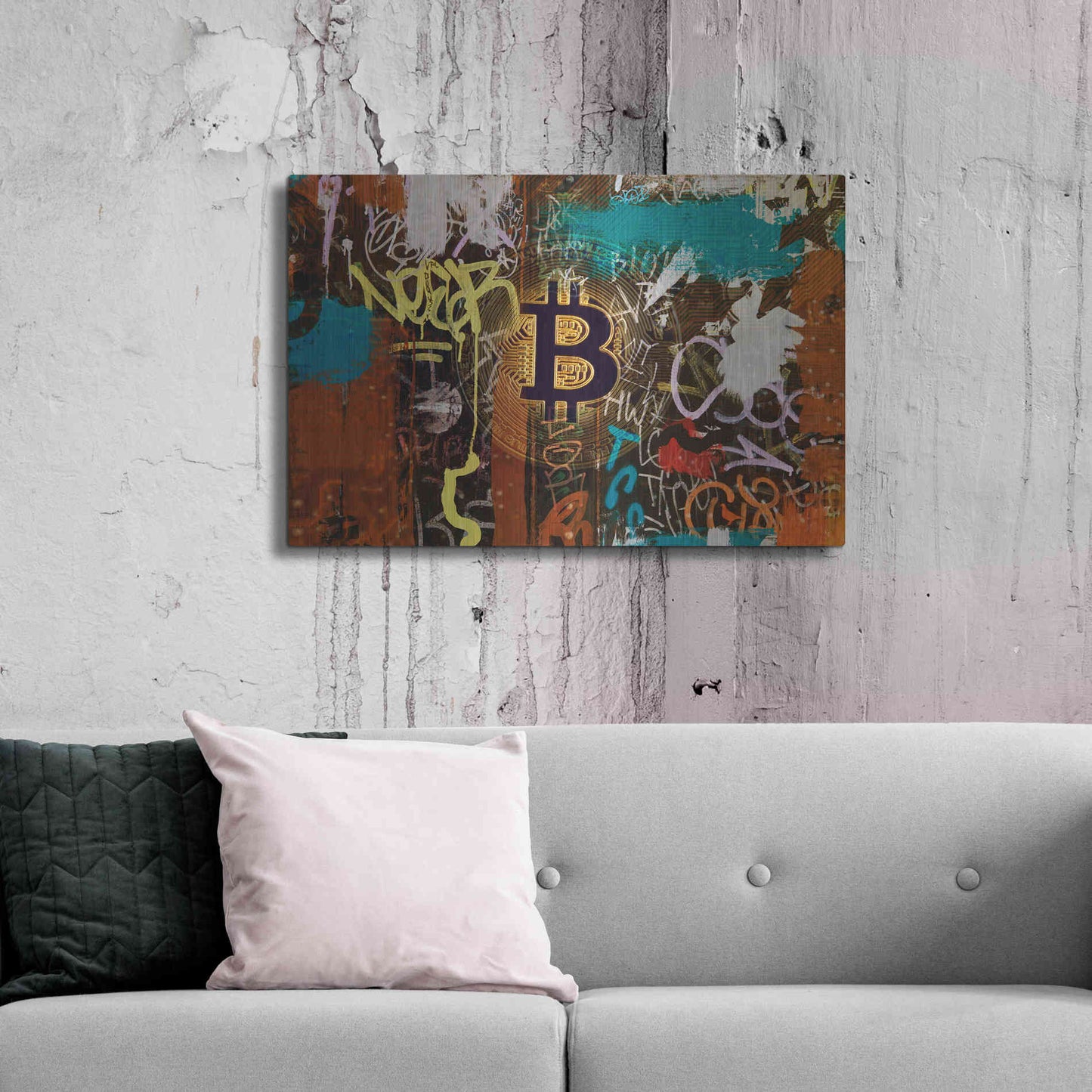 Luxe Metal Art 'Graffiti Bitcoin 1' by Irena Orlov Metal Wall Art,36x24