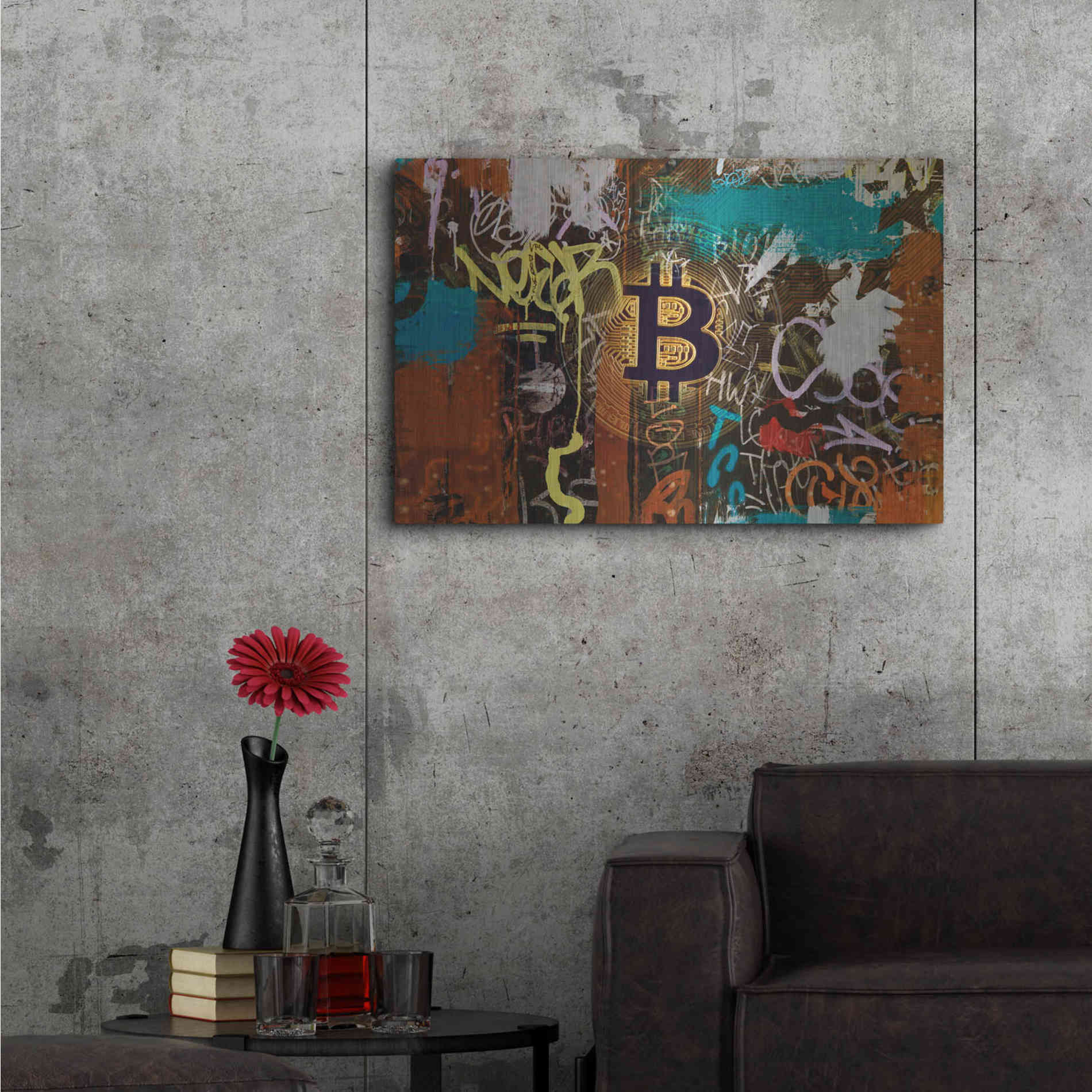 Luxe Metal Art 'Graffiti Bitcoin 1' by Irena Orlov Metal Wall Art,36x24