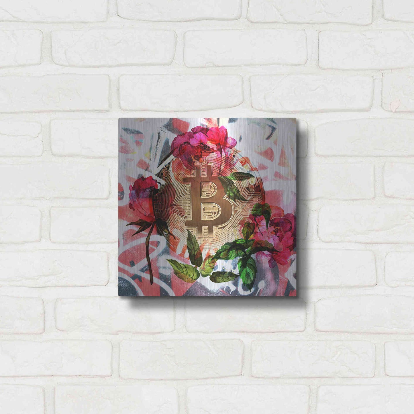 Luxe Metal Art 'Bitcoin Floral Inspiration 1' by Irena Orlov Metal Wall Art,12x12