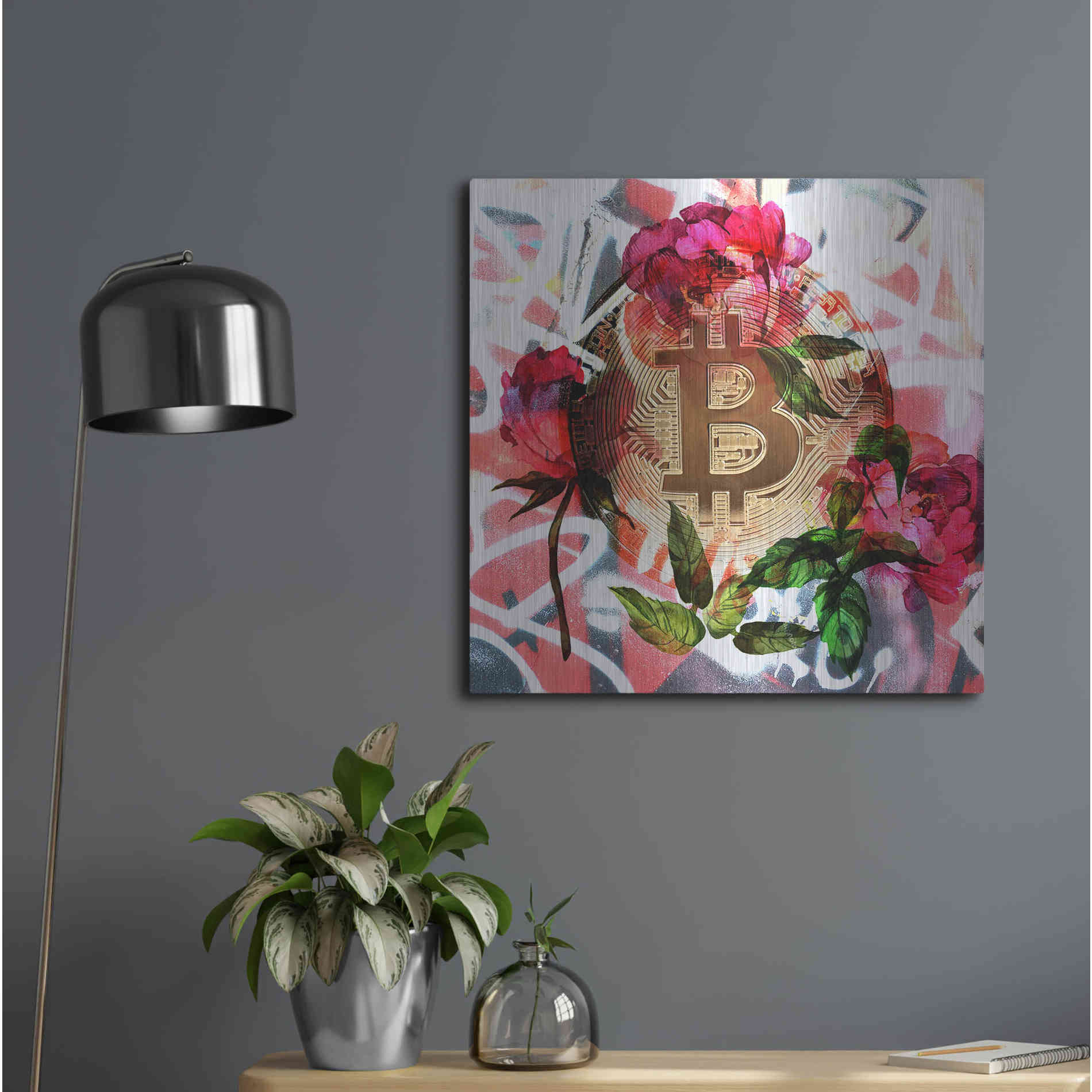 Luxe Metal Art 'Bitcoin Floral Inspiration 1' by Irena Orlov Metal Wall Art,24x24