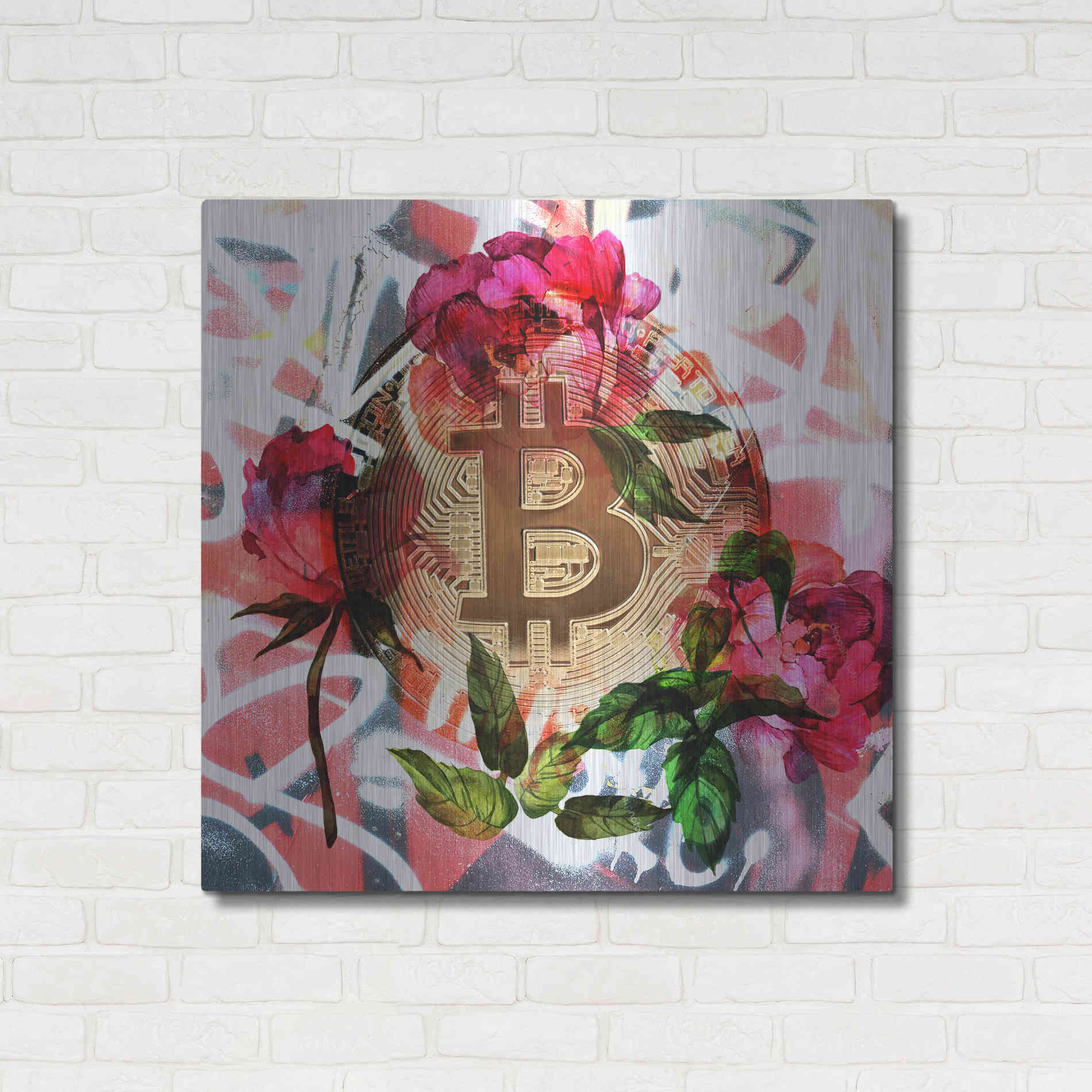 Luxe Metal Art 'Bitcoin Floral Inspiration 1' by Irena Orlov Metal Wall Art,36x36