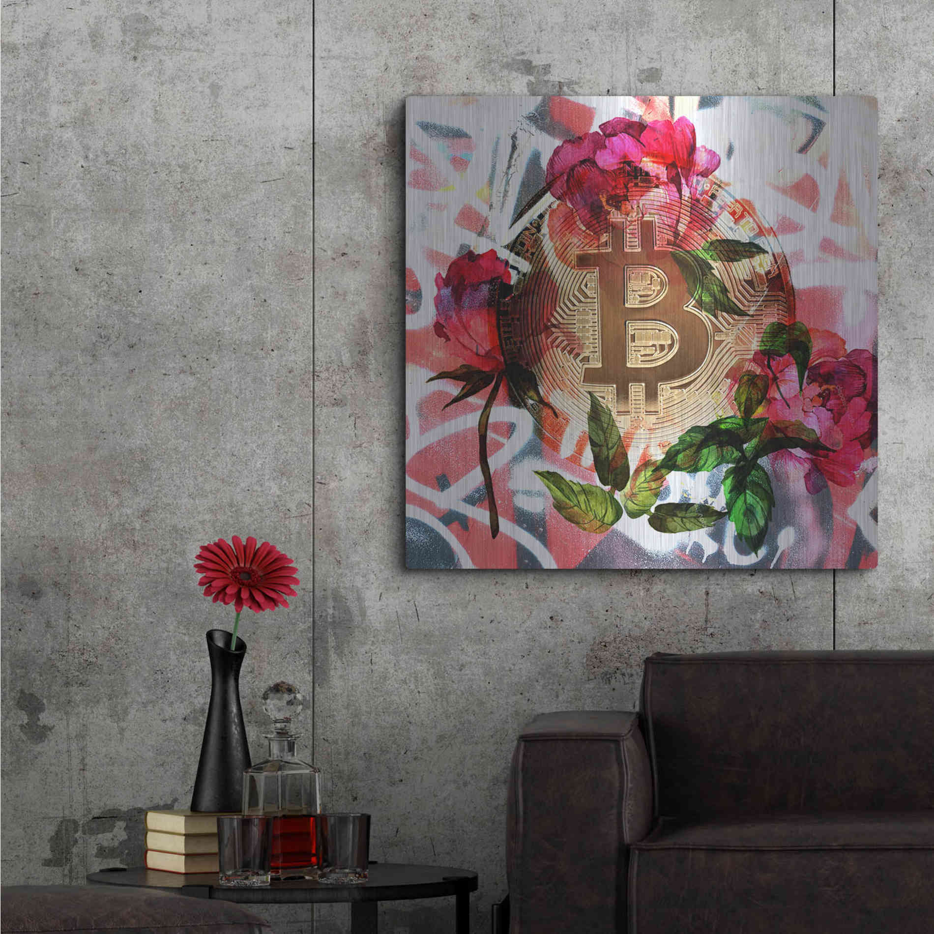 Luxe Metal Art 'Bitcoin Floral Inspiration 1' by Irena Orlov Metal Wall Art,36x36