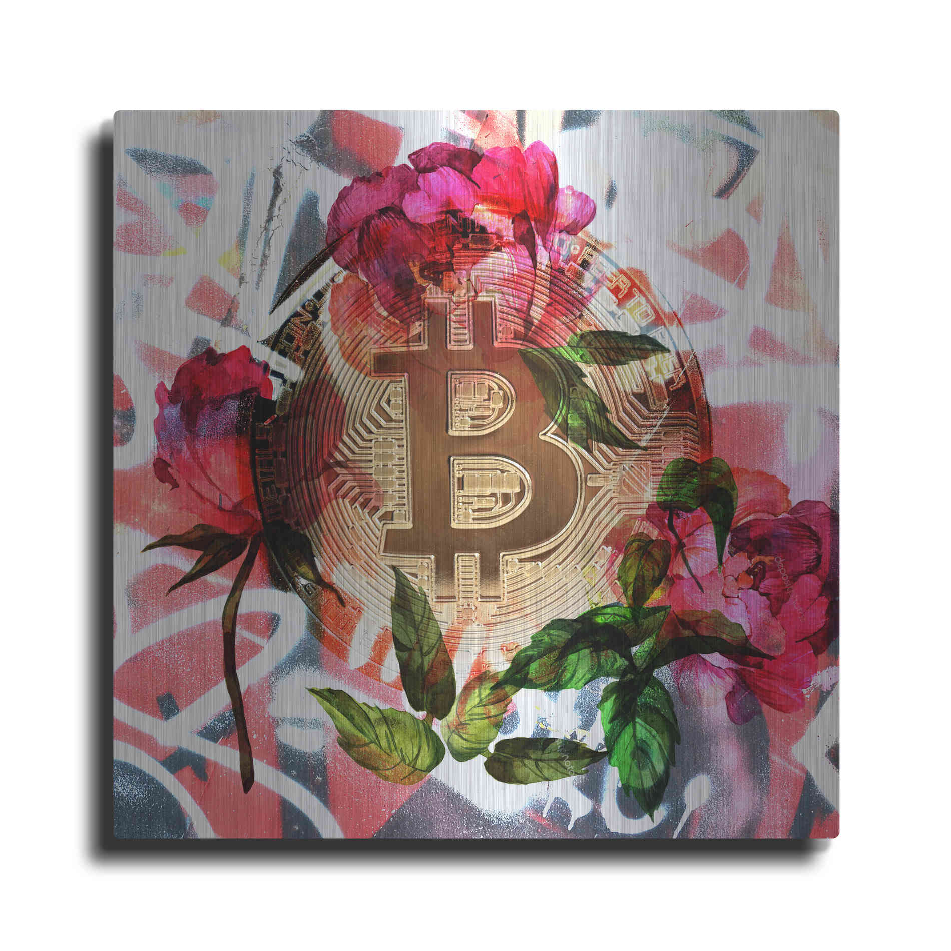 Luxe Metal Art 'Bitcoin Floral Inspiration 1' by Irena Orlov Metal Wall Art