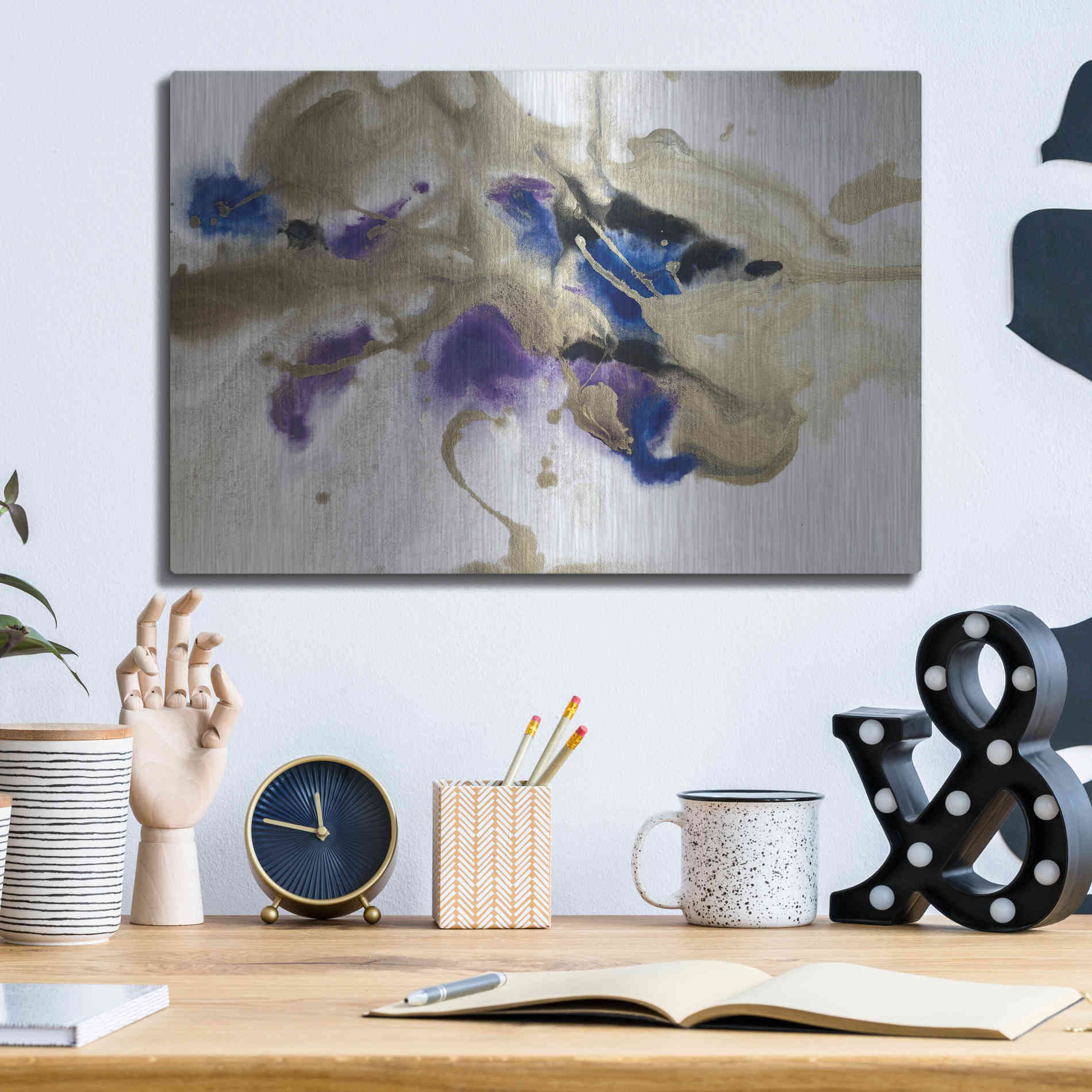 Luxe Metal Art 'Gold In Blue Watercolor Abstract 2' by Irena Orlov Metal Wall Art,16x12