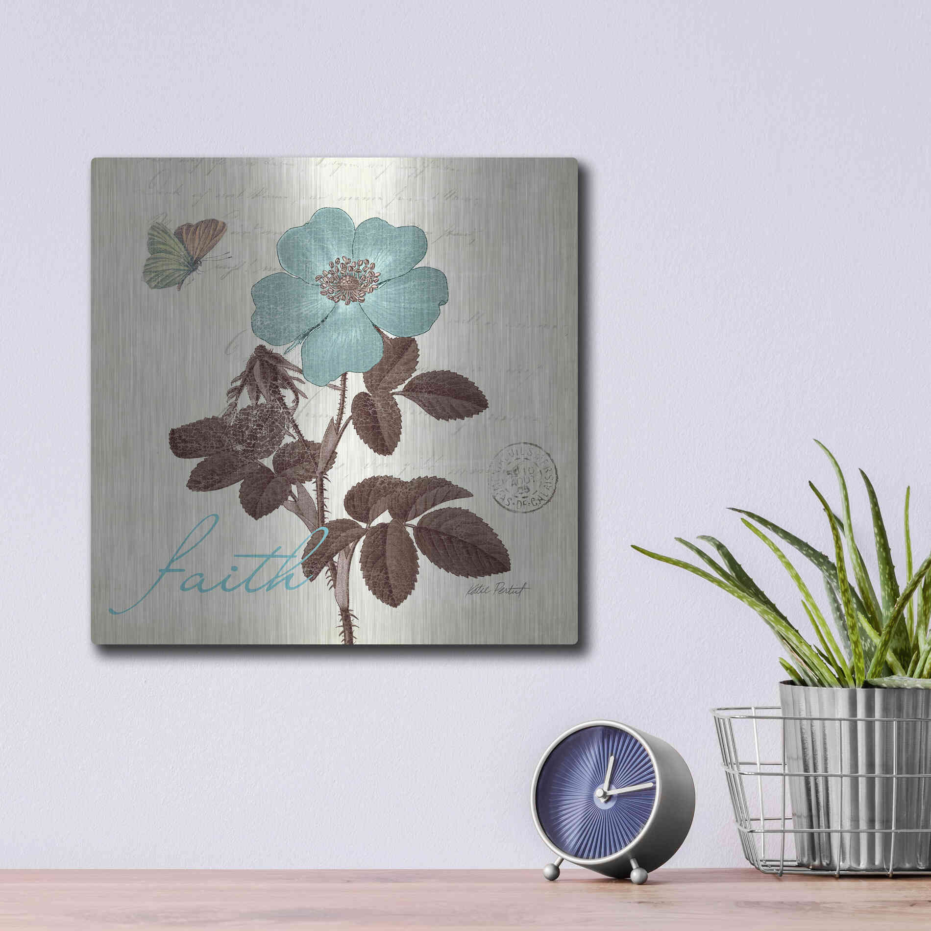 Luxe Metal Art 'Touch of Blue II - Faith' by Katie Pertiet, Metal Wall Art,12x12