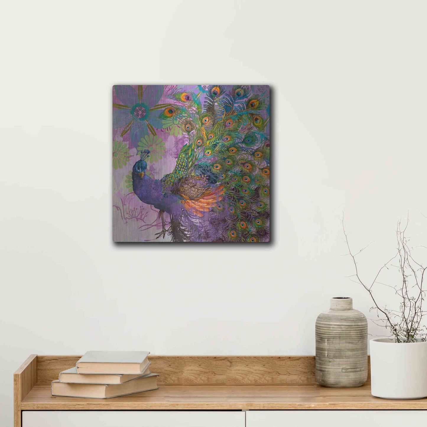 Luxe Metal Art 'Peacock Prance' by Evelia Designs Metal Wall Art,12x12