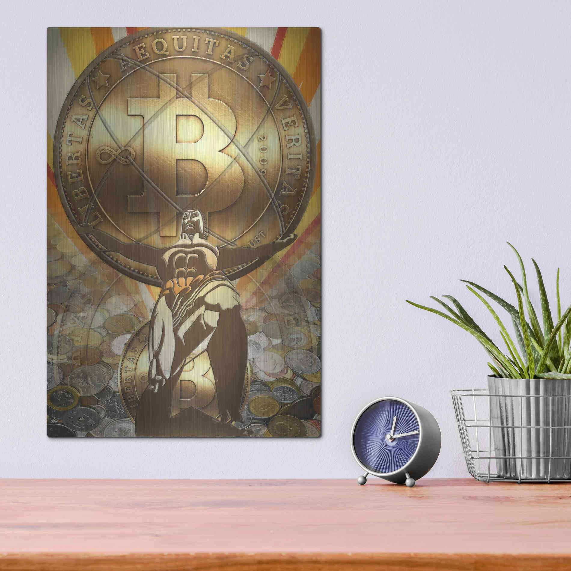 Luxe Metal Art 'Bitcoin Deco Four' by Steve Hunziker Metal Wall Art,12x16