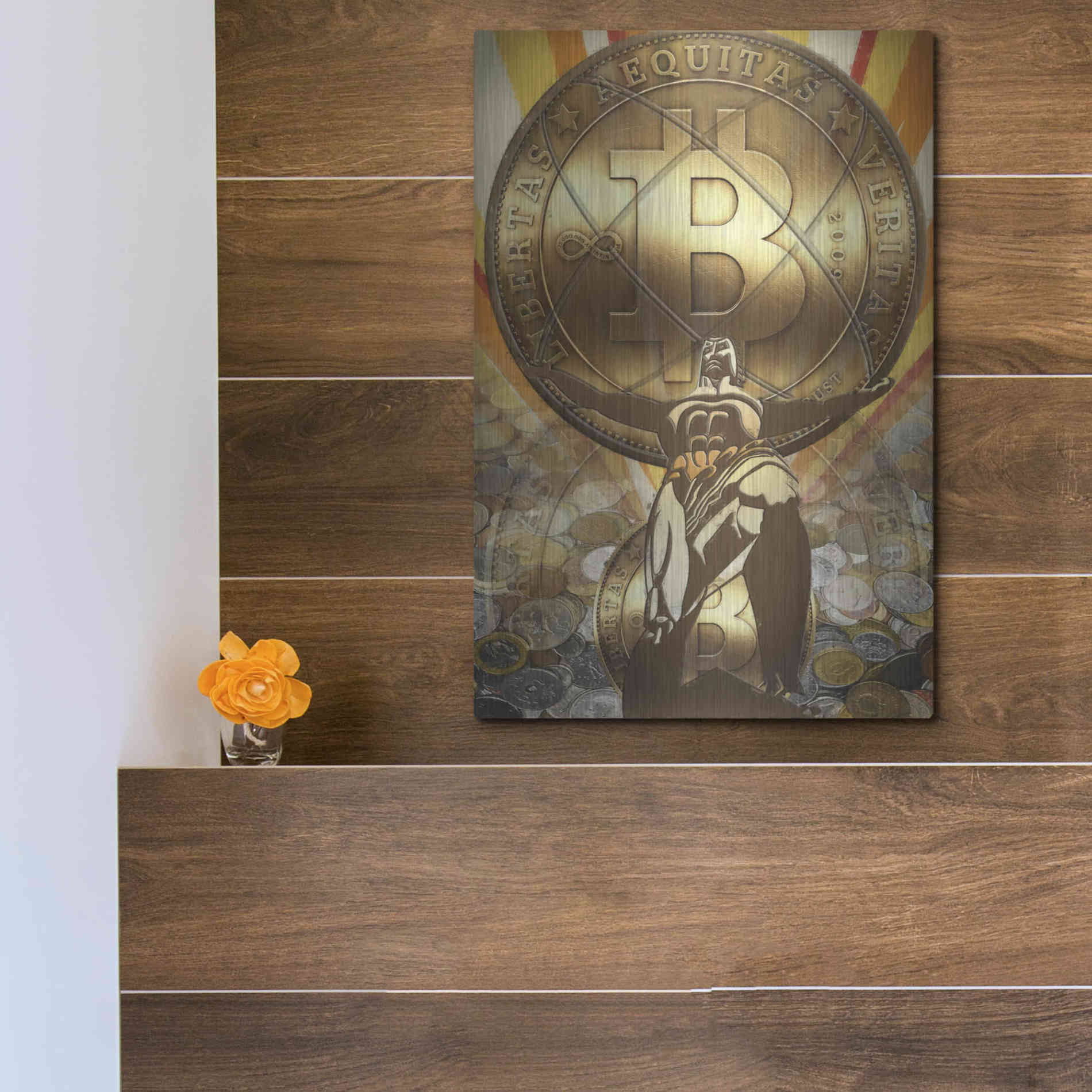 Luxe Metal Art 'Bitcoin Deco Four' by Steve Hunziker Metal Wall Art,12x16