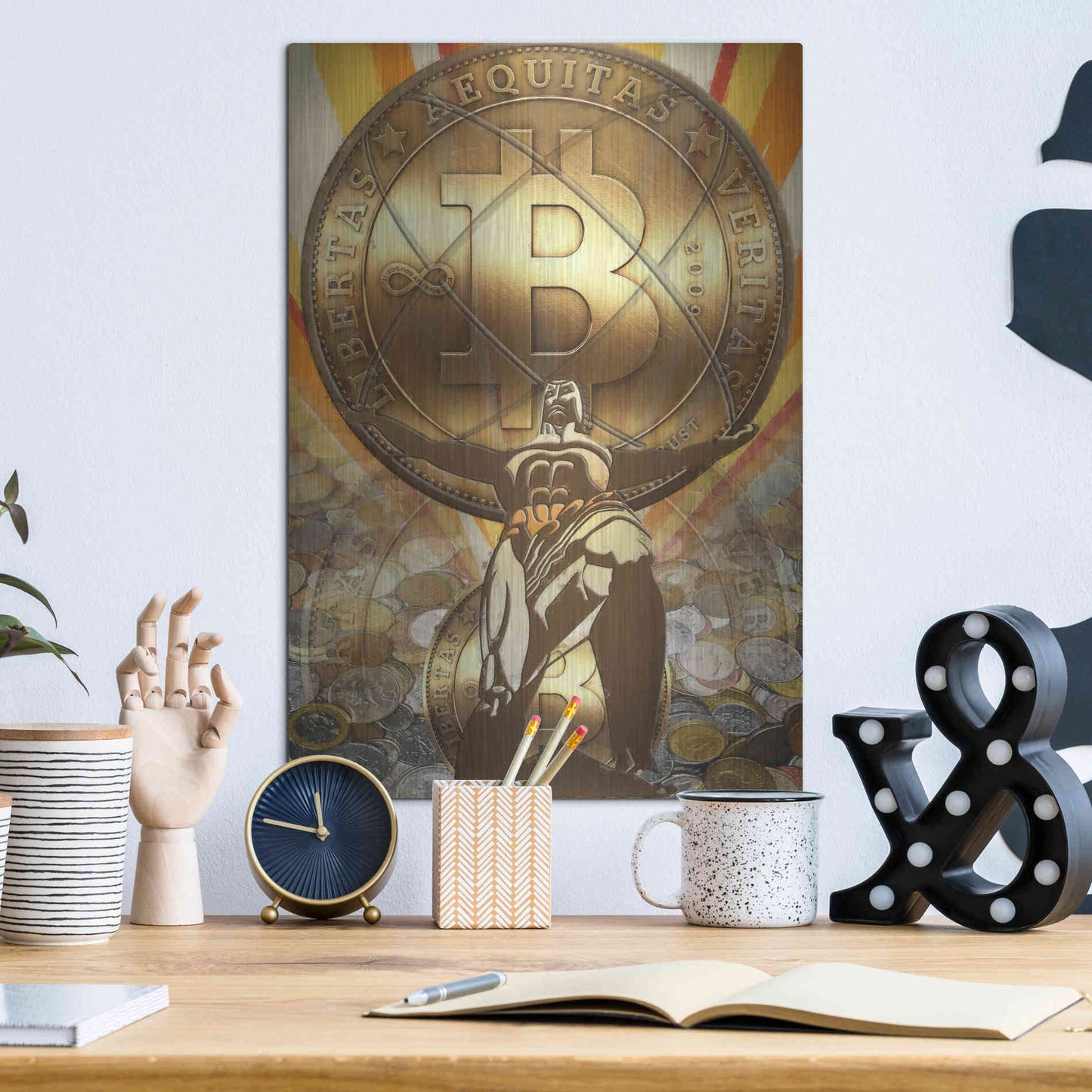 Luxe Metal Art 'Bitcoin Deco Four' by Steve Hunziker Metal Wall Art,12x16