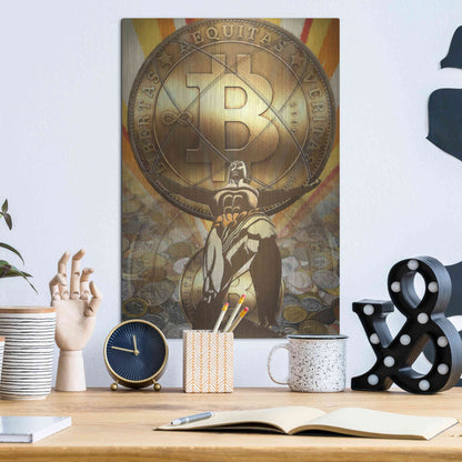 Luxe Metal Art 'Bitcoin Deco Four' by Steve Hunziker Metal Wall Art,12x16