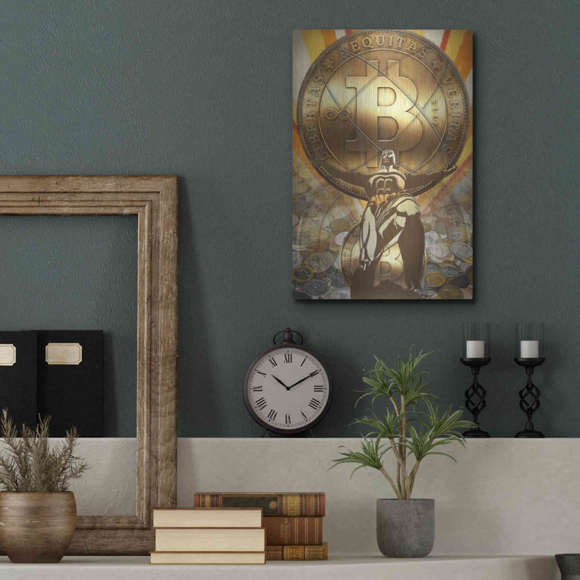 Luxe Metal Art 'Bitcoin Deco Four' by Steve Hunziker Metal Wall Art,12x16