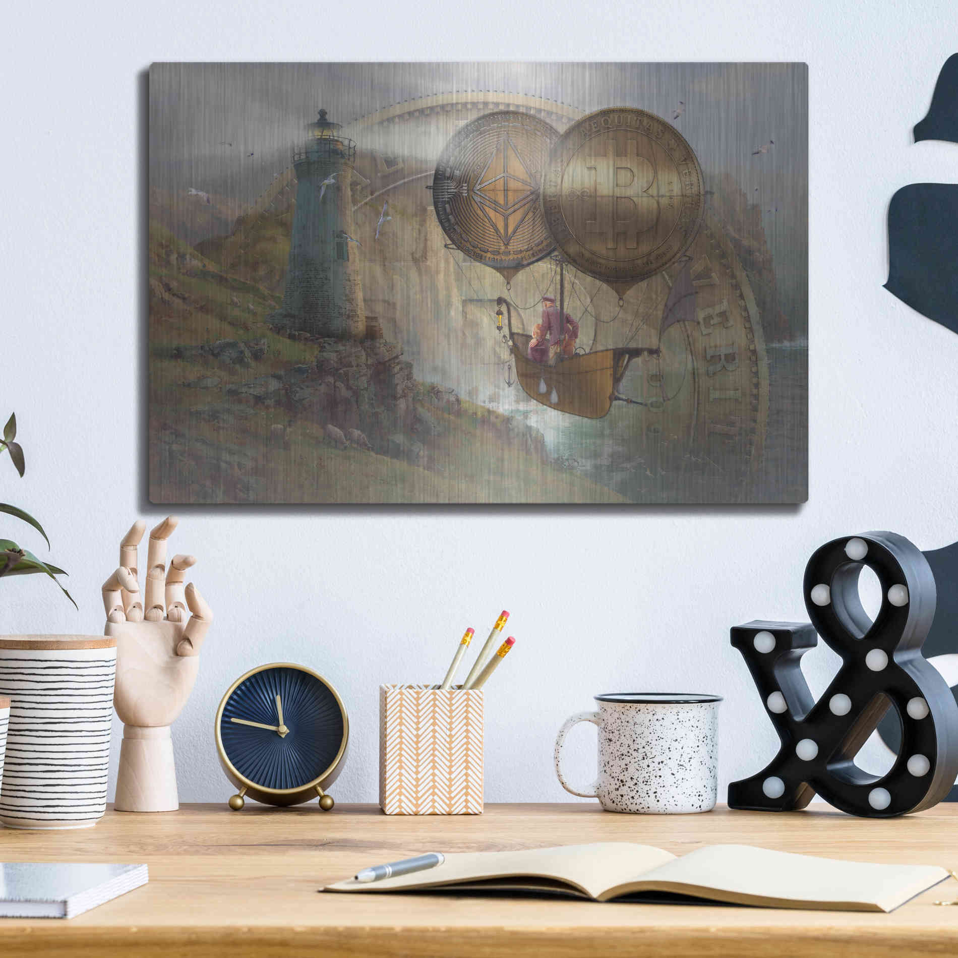 Luxe Metal Art 'Bitcoin Deco Two' by Steve Hunziker Metal Wall Art,16x12