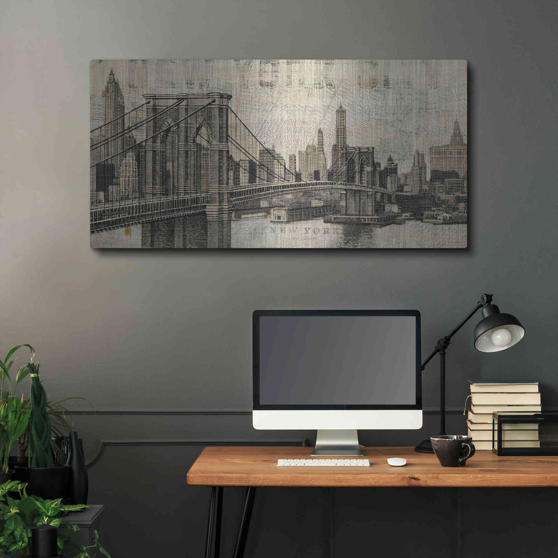 Luxe Metal Art 'Vintage NY Brooklyn Bridge Skyline' by Michael Mullan, Metal Wall Art,48x24