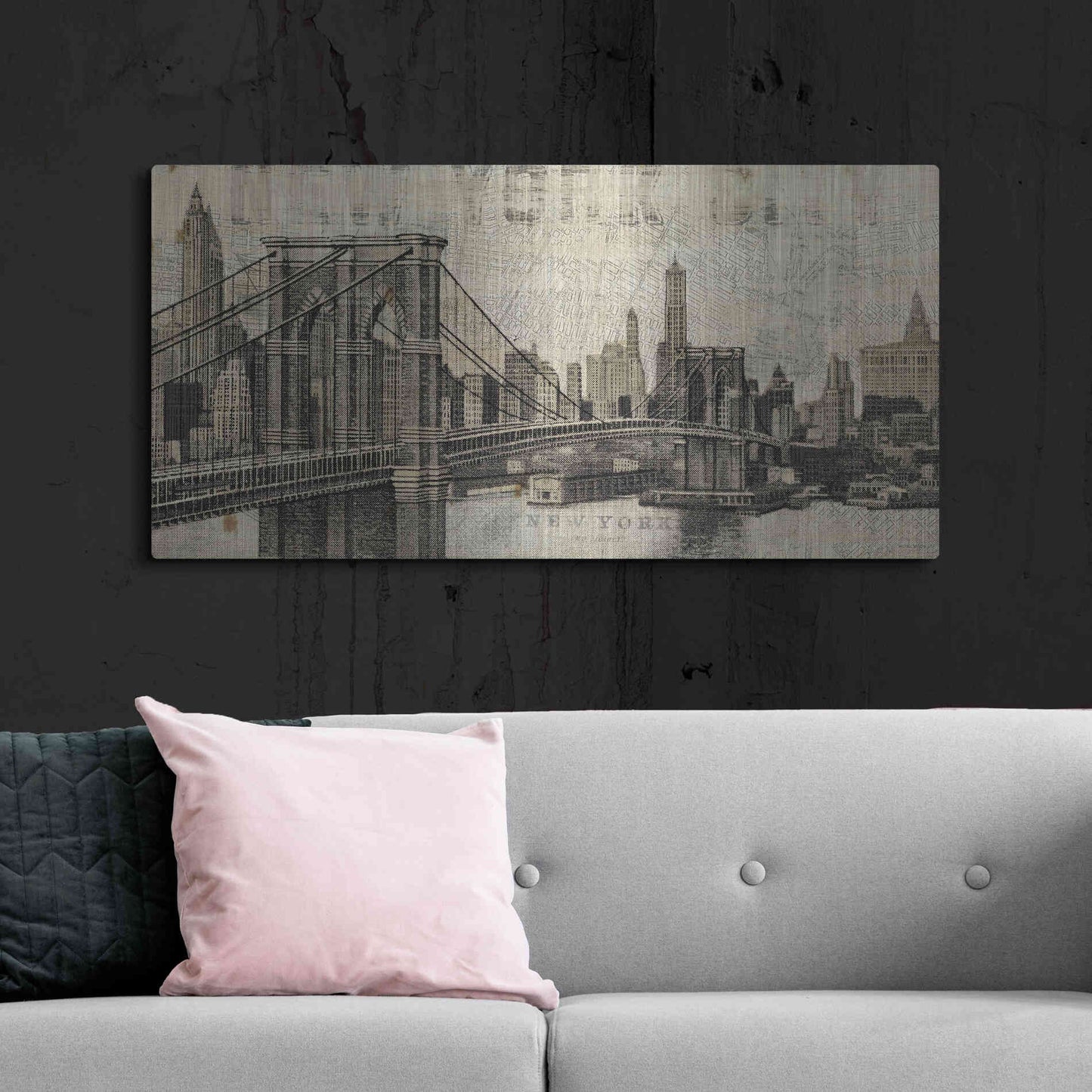 Luxe Metal Art 'Vintage NY Brooklyn Bridge Skyline' by Michael Mullan, Metal Wall Art,48x24