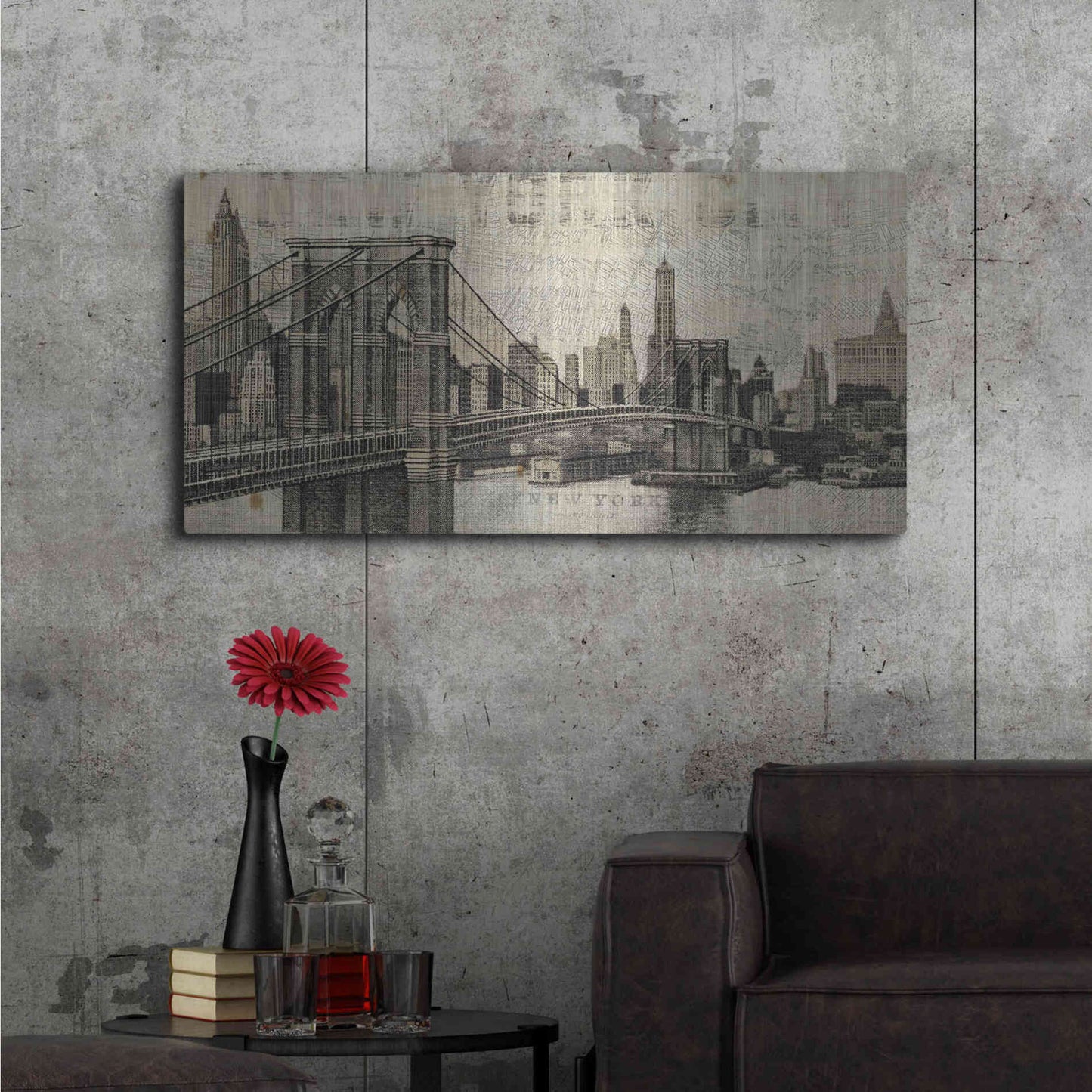 Luxe Metal Art 'Vintage NY Brooklyn Bridge Skyline' by Michael Mullan, Metal Wall Art,48x24