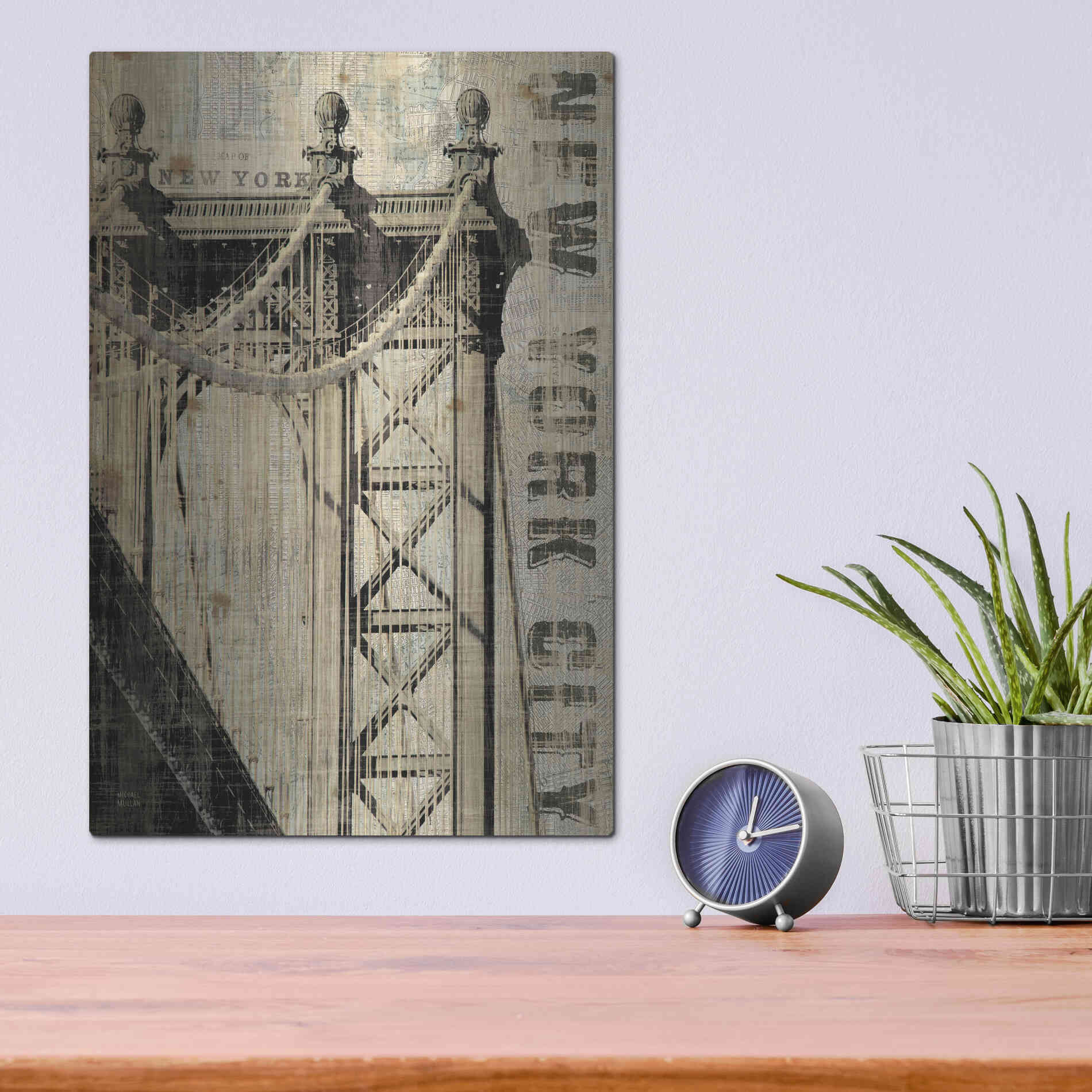 Luxe Metal Art 'Vintage NY Manhattan Bridge' by Michael Mullan, Metal Wall Art,12x16