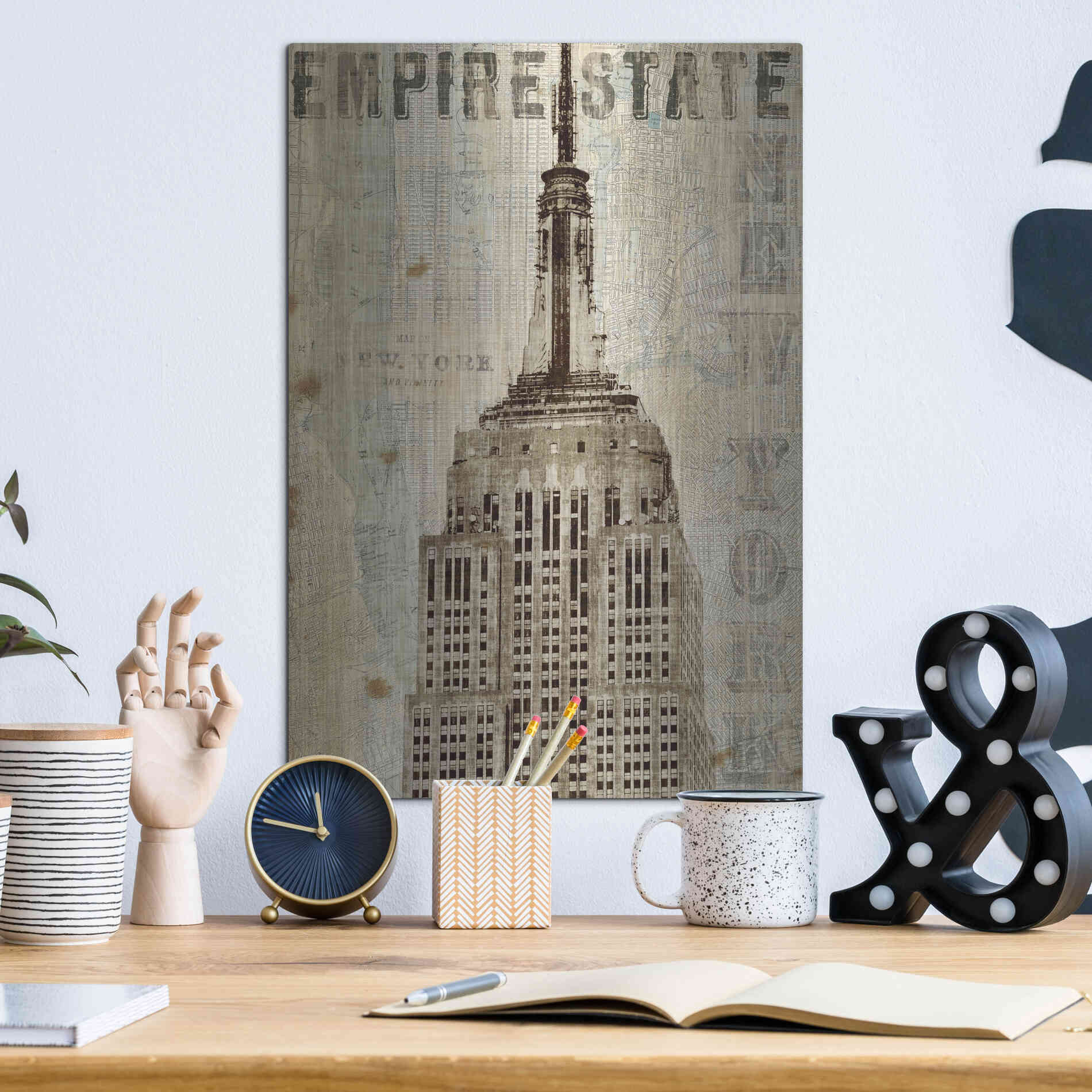 Luxe Metal Art 'Vintage NY Empire State Building' by Michael Mullan, Metal Wall Art,12x16