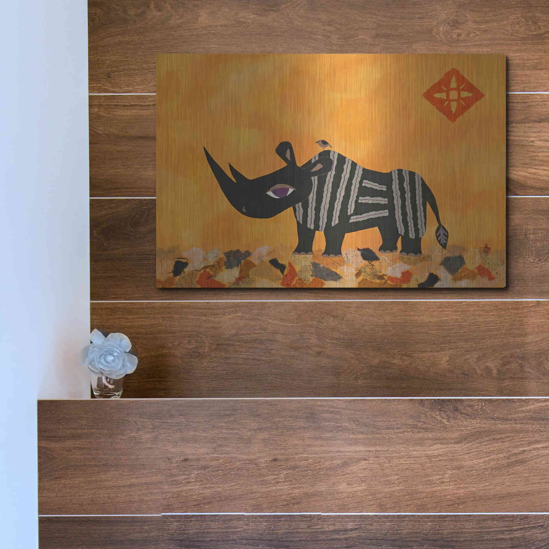 Luxe Metal Art 'Rhino with Summer Sky by Casey Craig Metal Wall Art,16x12