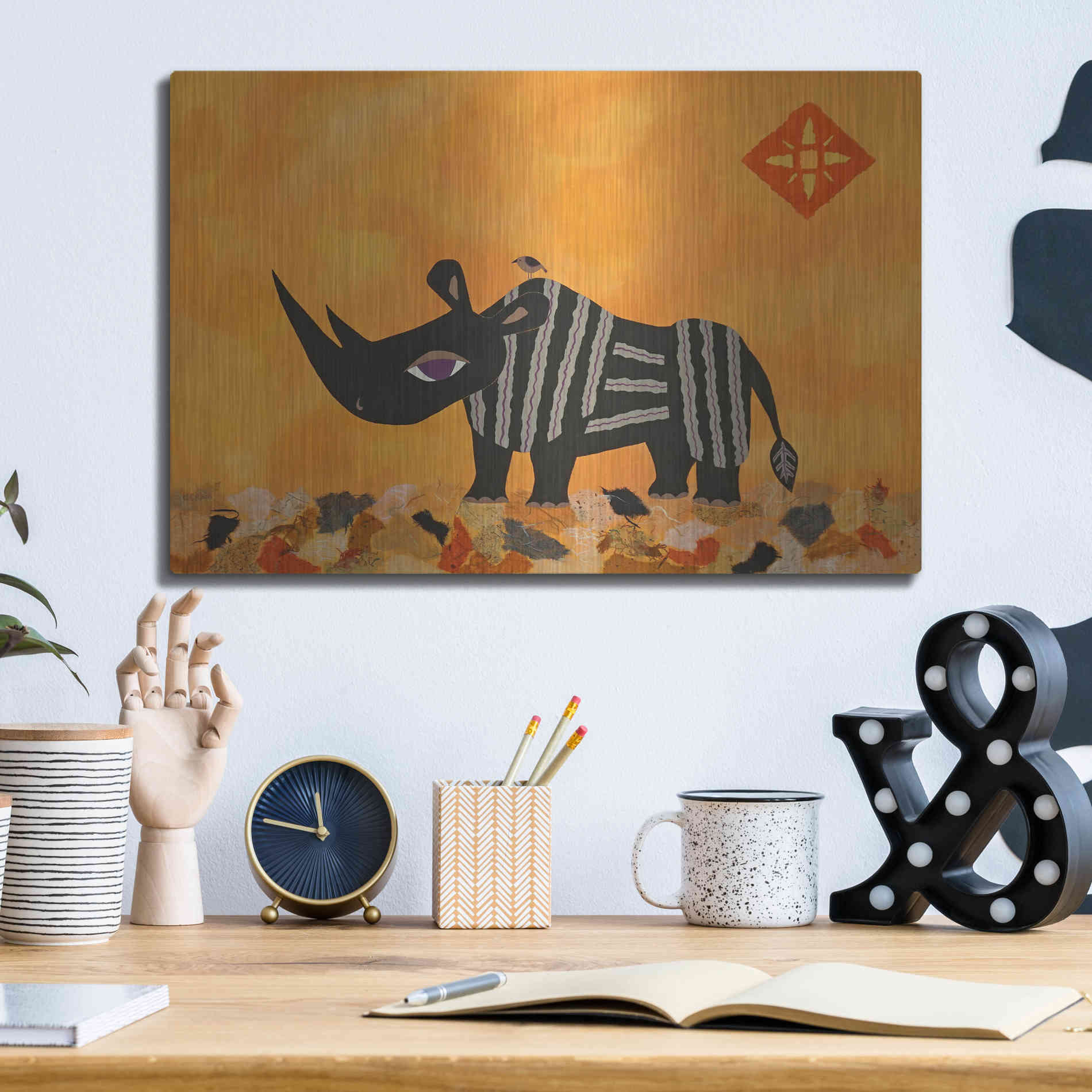 Luxe Metal Art 'Rhino with Summer Sky by Casey Craig Metal Wall Art,16x12