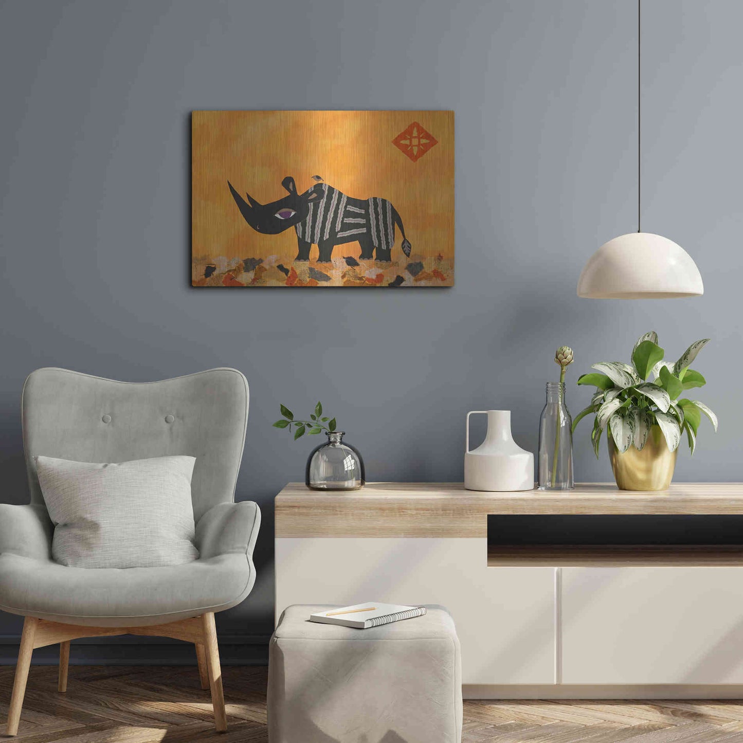 Luxe Metal Art 'Rhino with Summer Sky by Casey Craig Metal Wall Art,24x16
