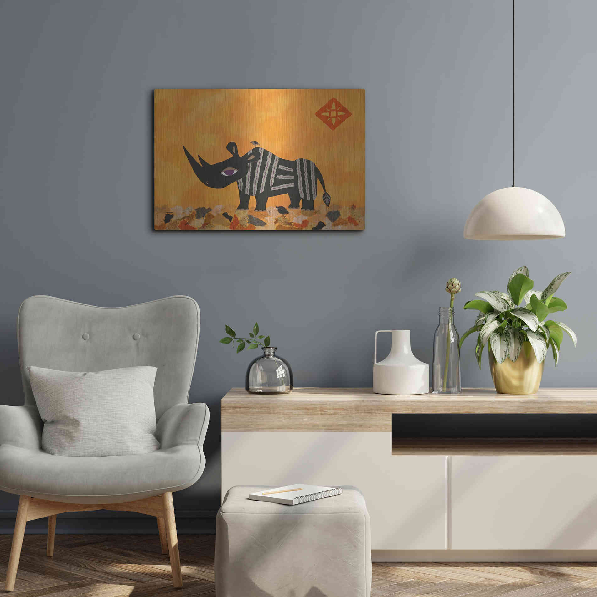 Luxe Metal Art 'Rhino with Summer Sky by Casey Craig Metal Wall Art,24x16