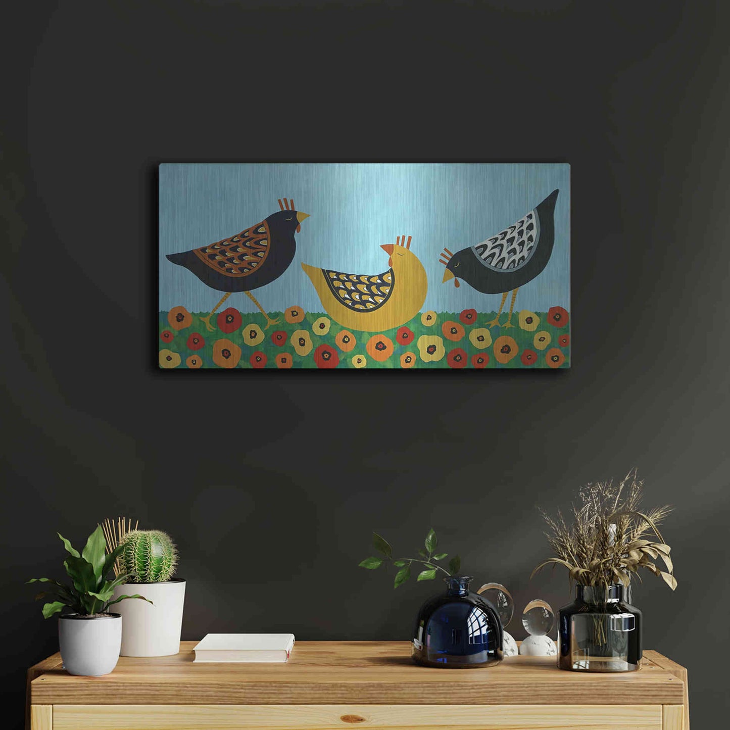 Luxe Metal Art 'Hens and Poppies by Casey Craig Metal Wall Art,24x12