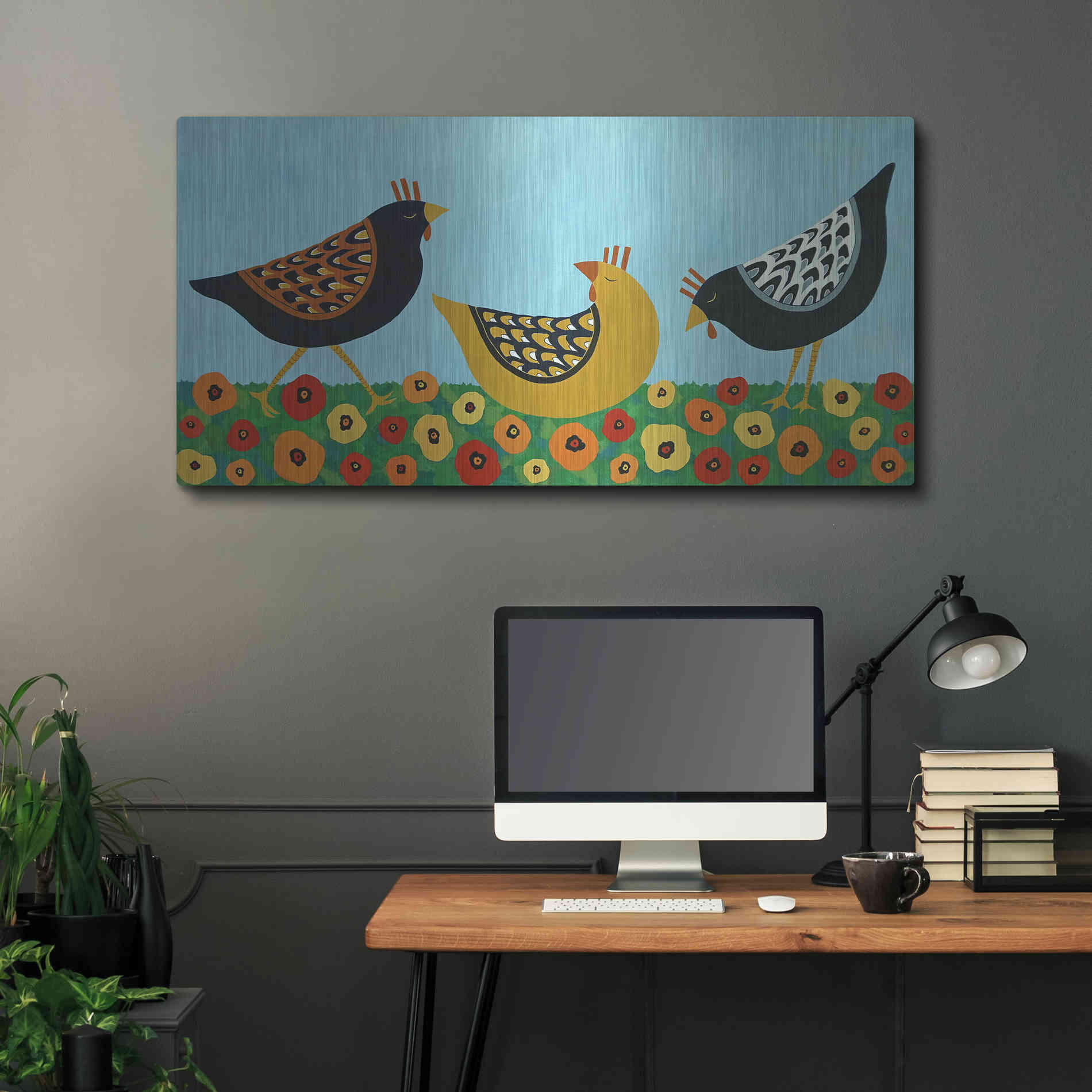 Luxe Metal Art 'Hens and Poppies by Casey Craig Metal Wall Art,48x24