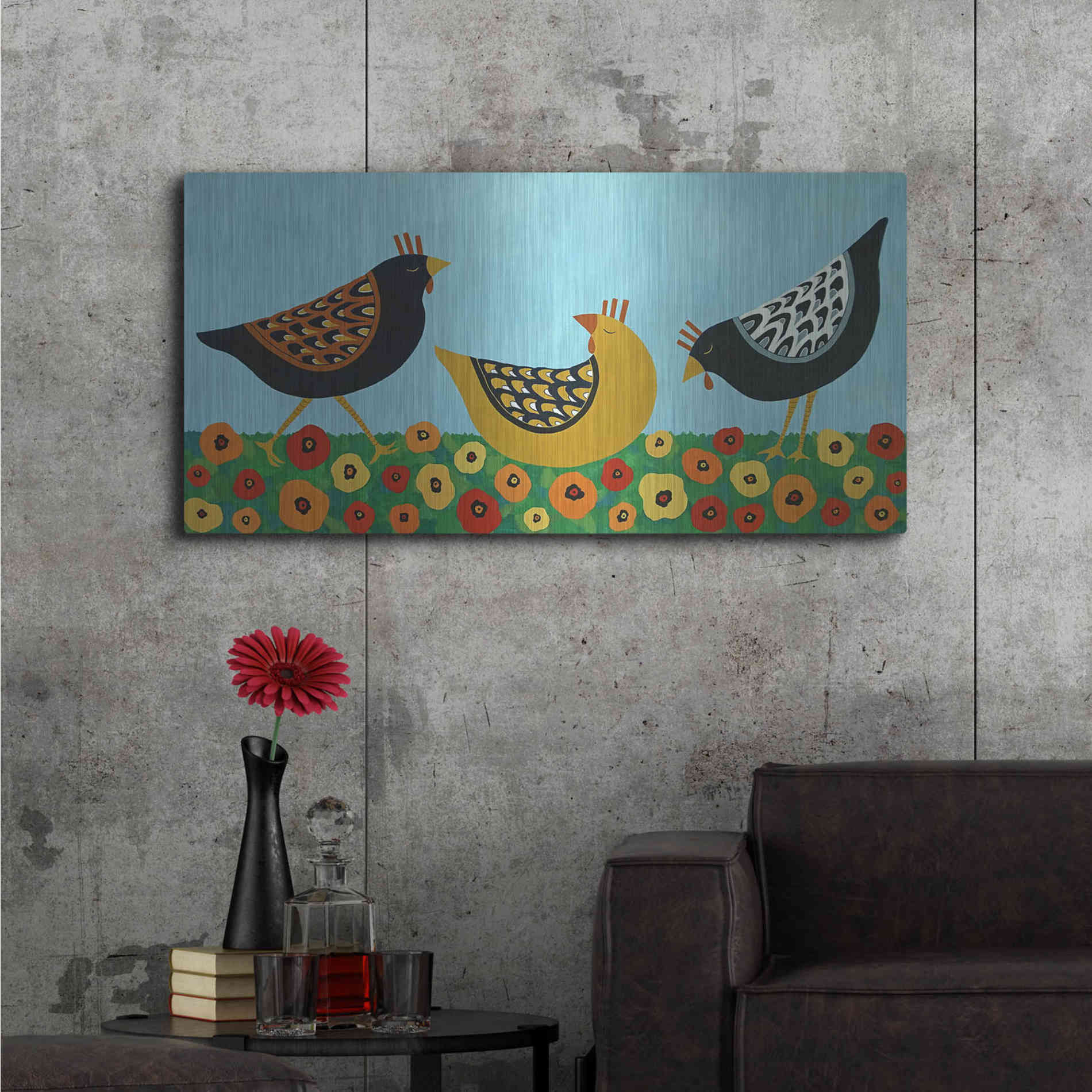 Luxe Metal Art 'Hens and Poppies by Casey Craig Metal Wall Art,48x24