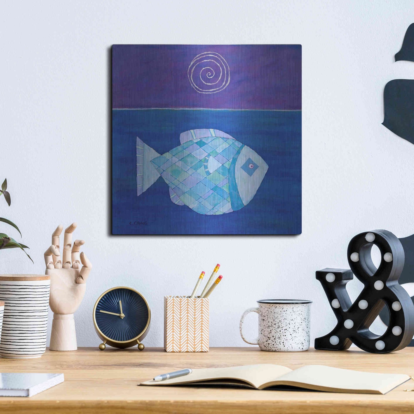 Luxe Metal Art 'Fish with Spiral Moon by Casey Craig Metal Wall Art,12x12