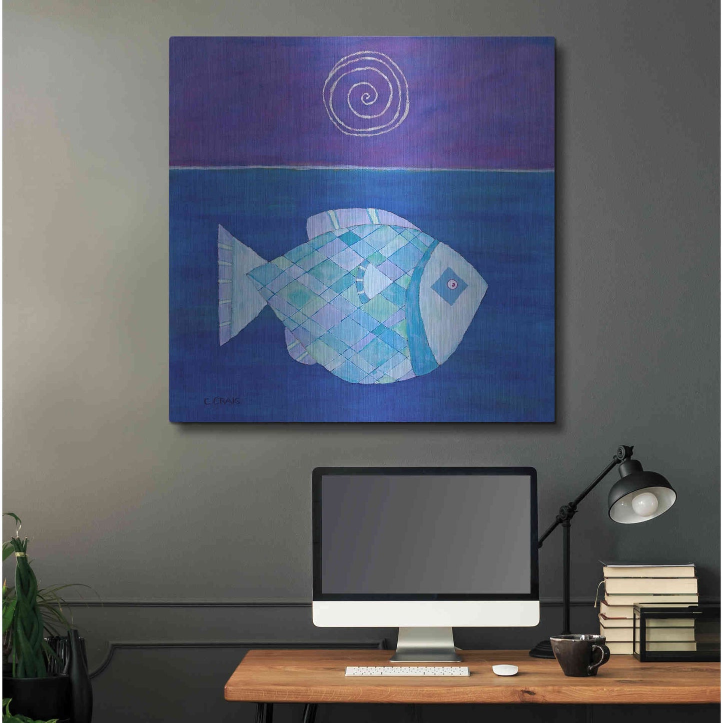 Luxe Metal Art 'Fish with Spiral Moon by Casey Craig Metal Wall Art,36x36