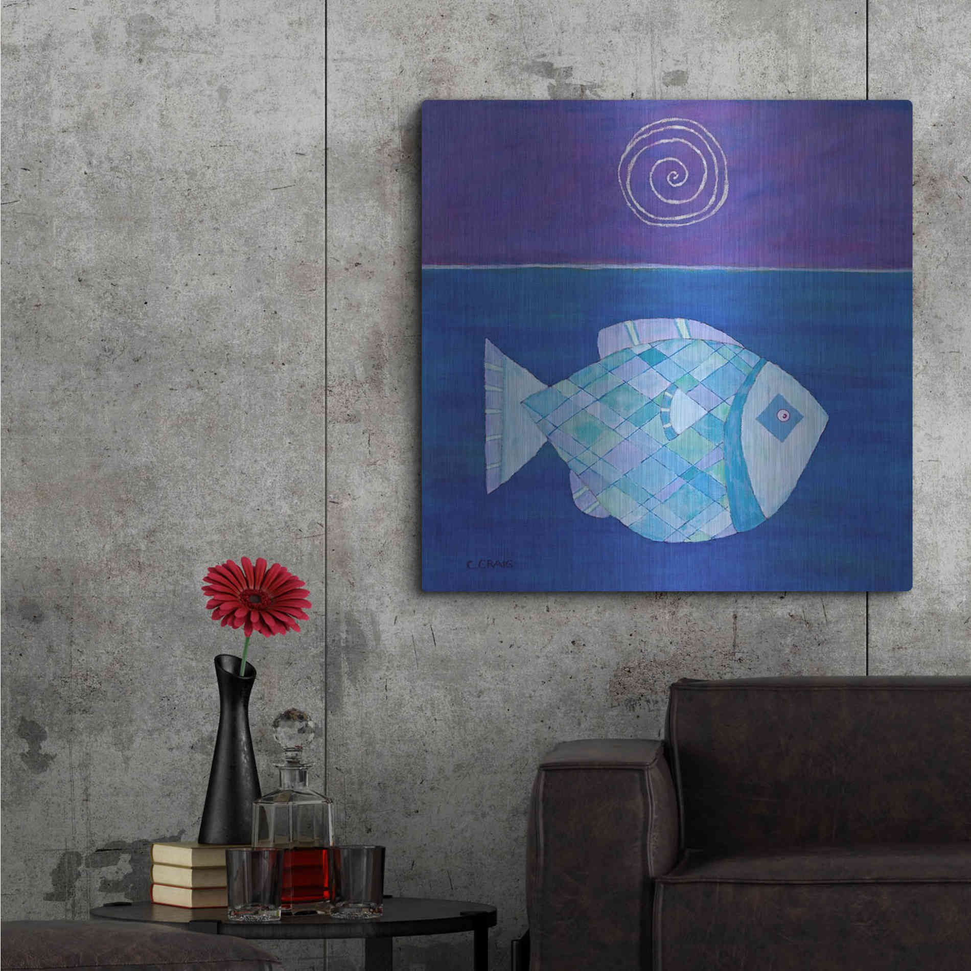 Luxe Metal Art 'Fish with Spiral Moon by Casey Craig Metal Wall Art,36x36