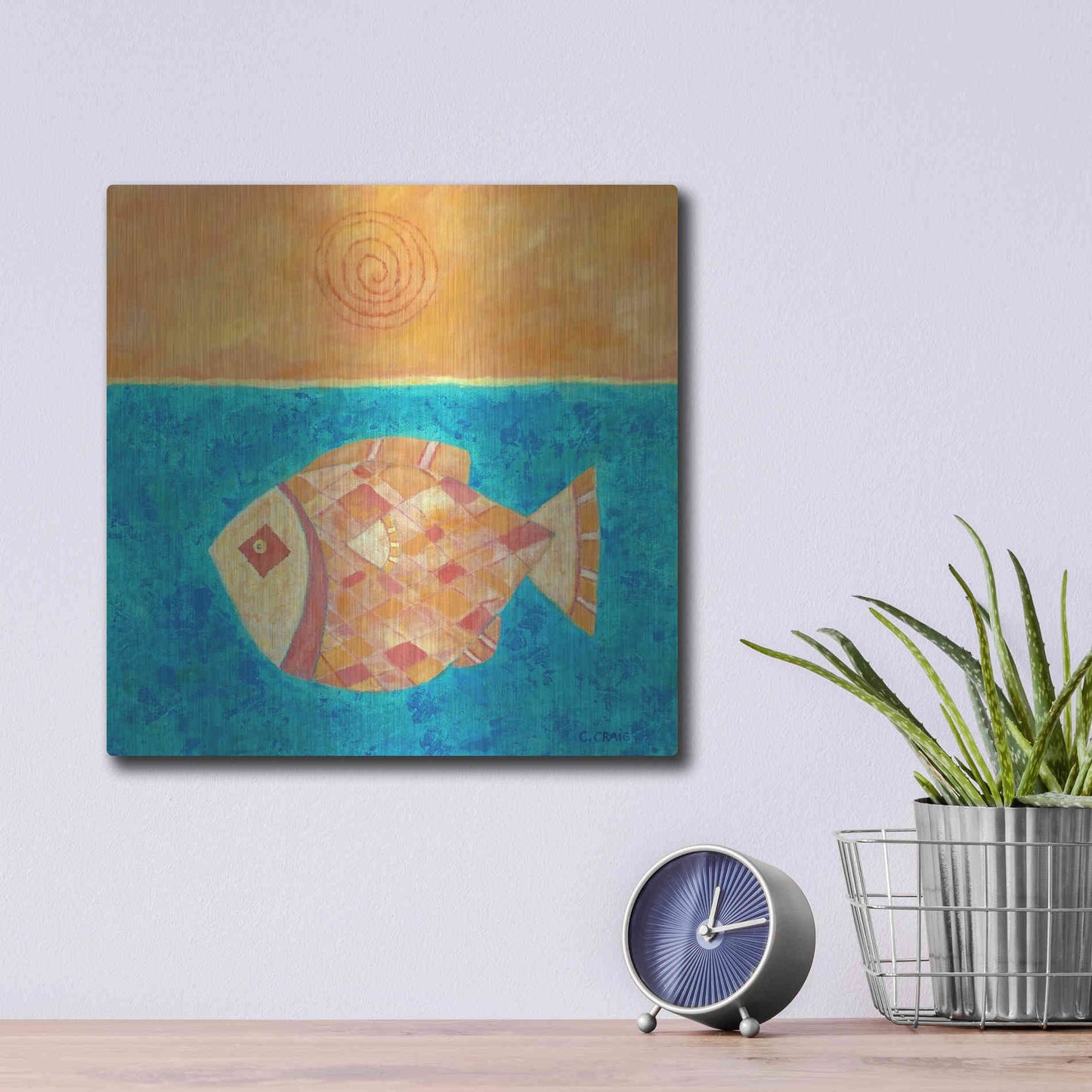 Luxe Metal Art 'Fish with Spiral Sun by Casey Craig Metal Wall Art,12x12