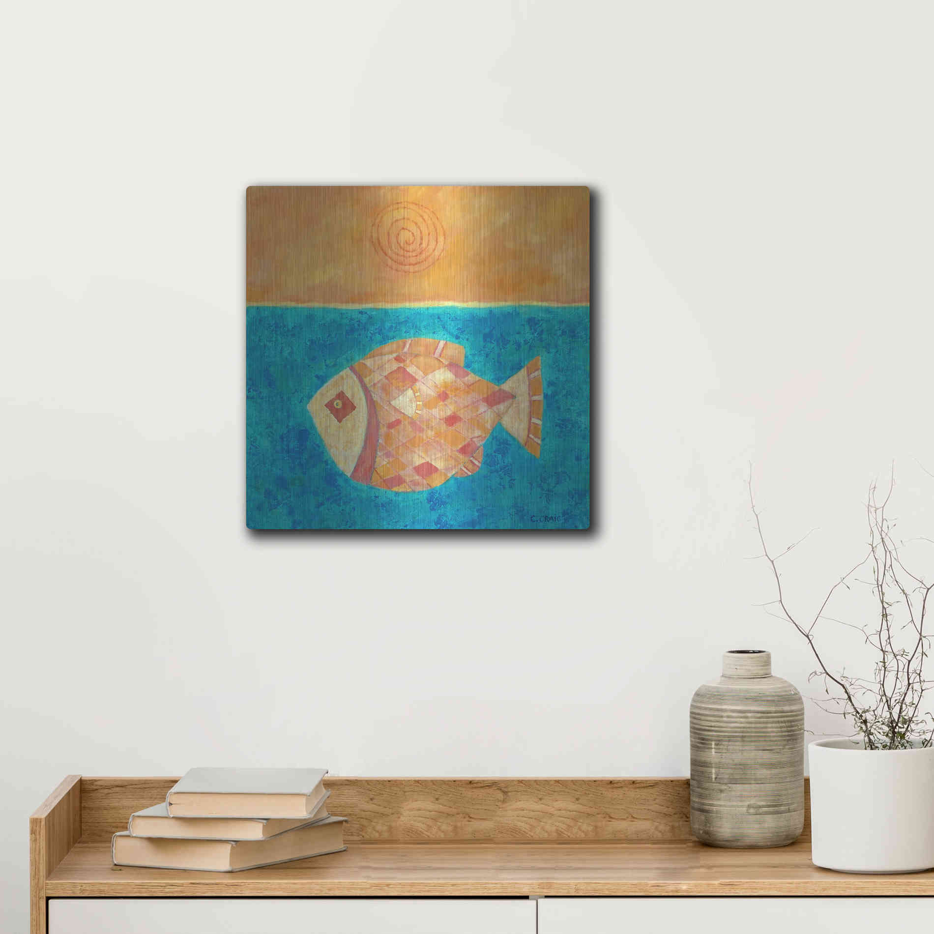 Luxe Metal Art 'Fish with Spiral Sun by Casey Craig Metal Wall Art,12x12