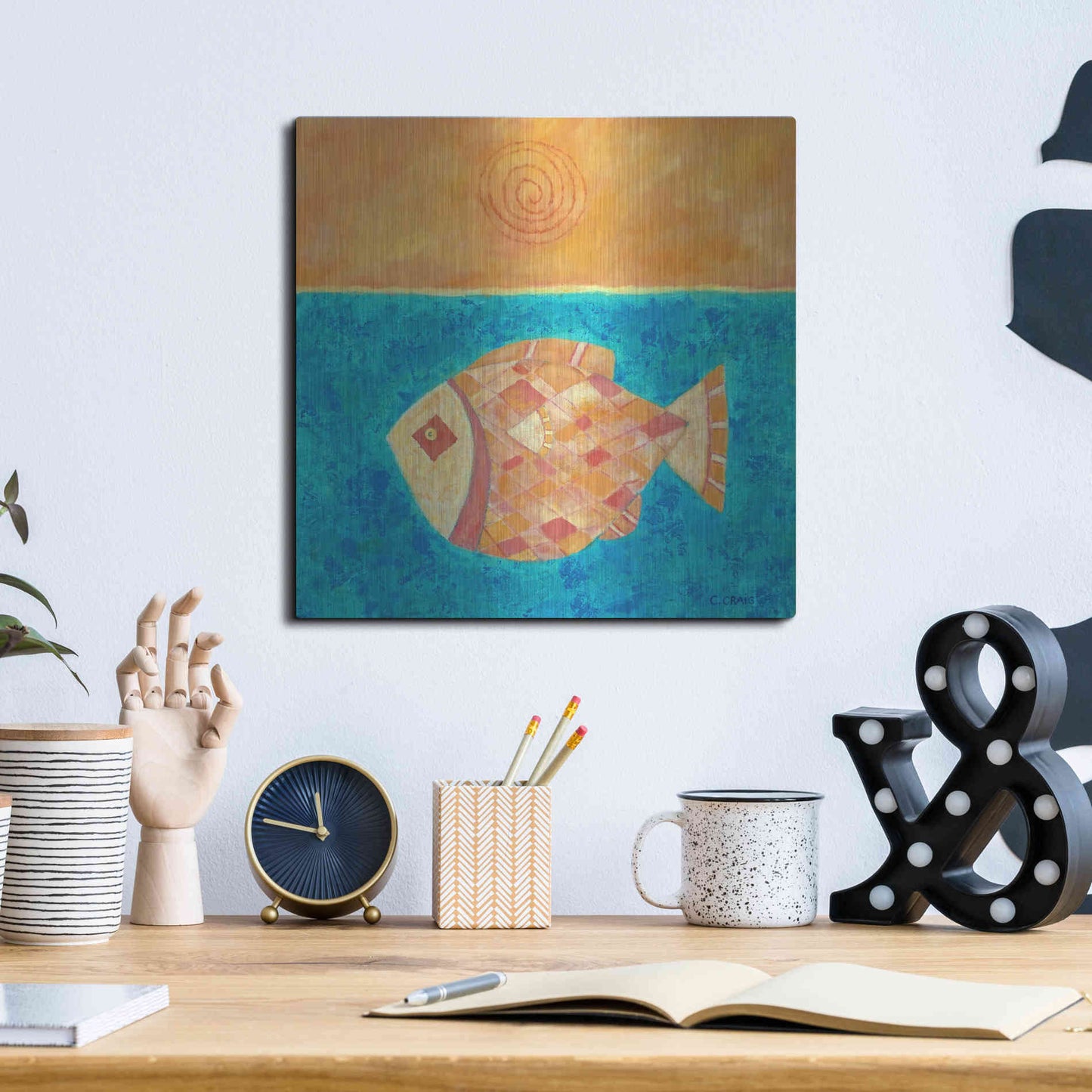 Luxe Metal Art 'Fish with Spiral Sun by Casey Craig Metal Wall Art,12x12