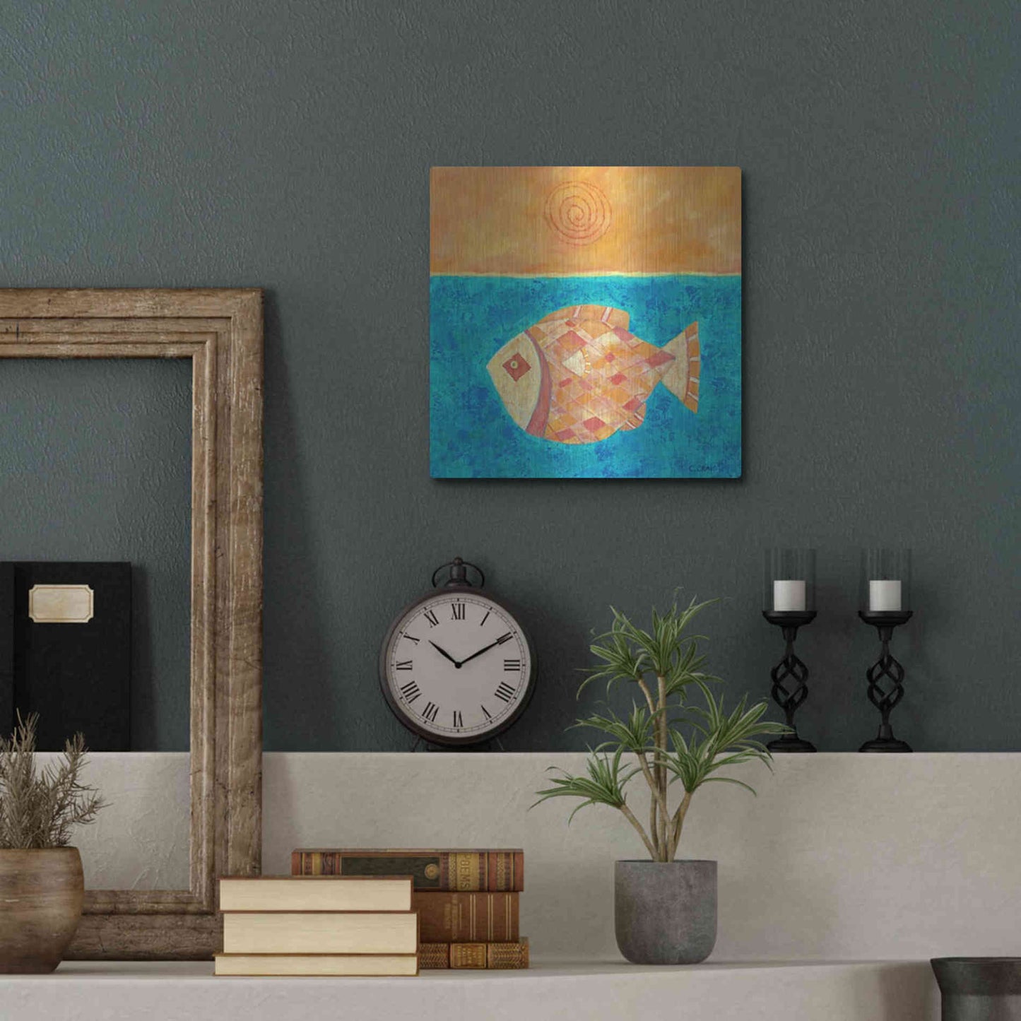Luxe Metal Art 'Fish with Spiral Sun by Casey Craig Metal Wall Art,12x12
